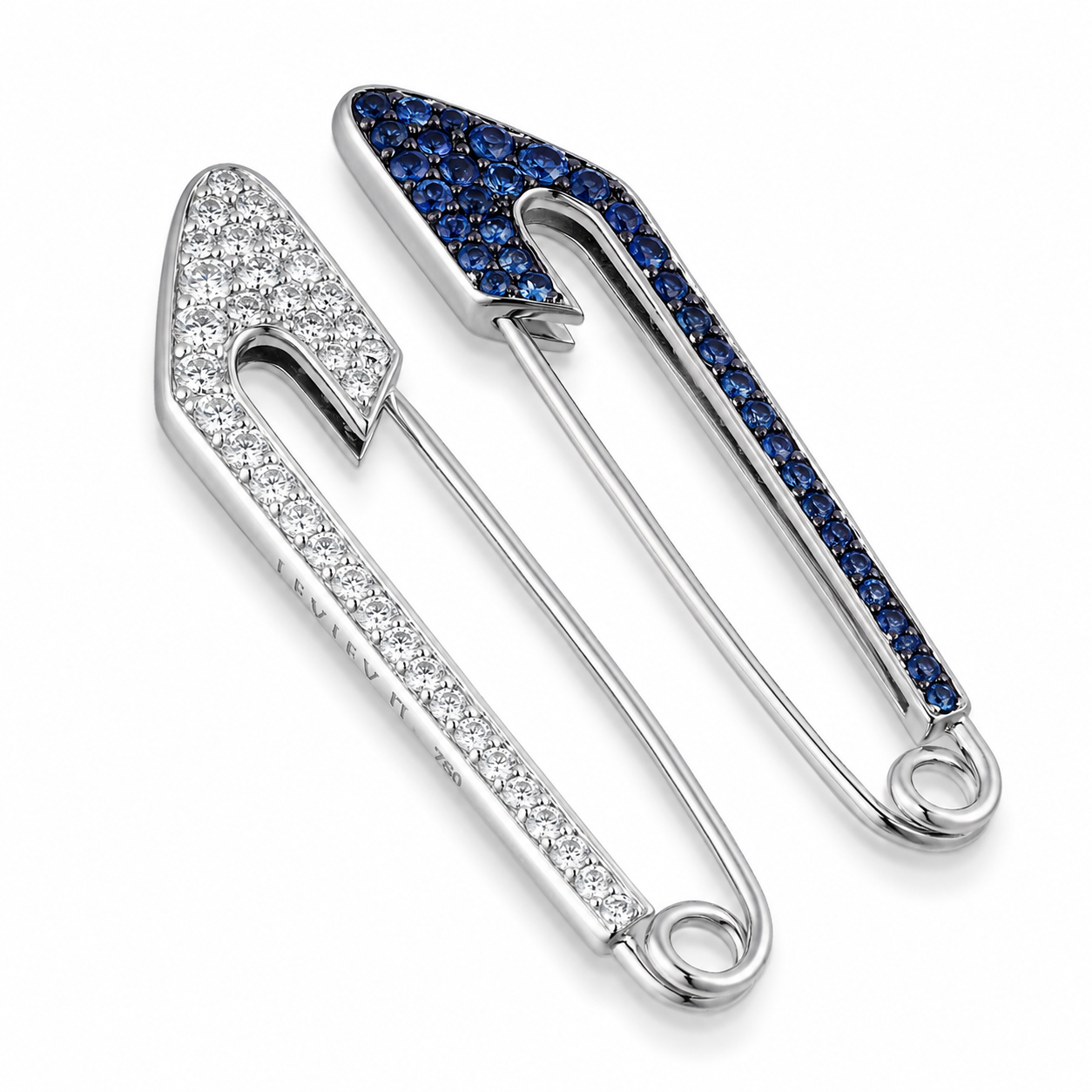 Leviev double-sided safety pin brooch in 18K white gold with clear and blue diamond pavé