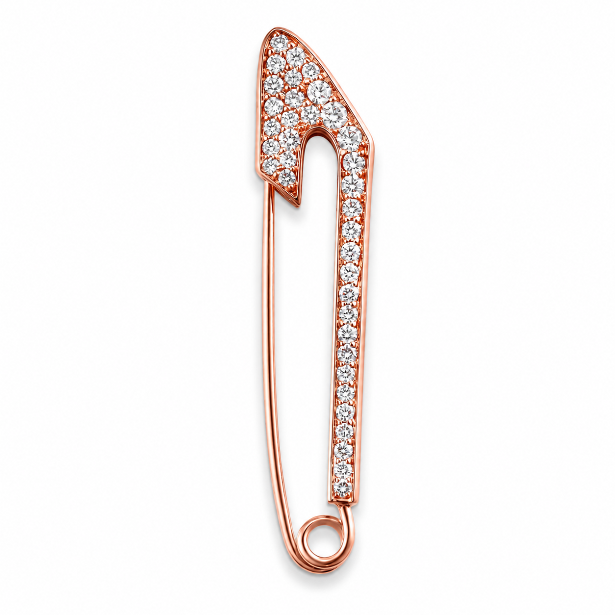 Front view of Leviev rose gold diamond safety pin brooch with brilliant-cut stones