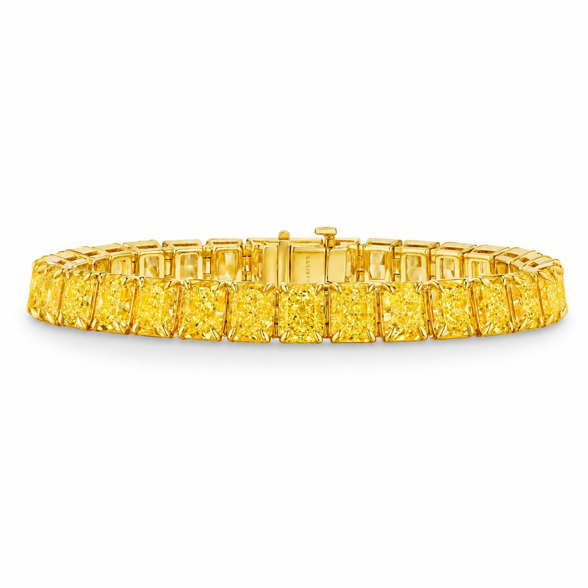Leviev engraved clasp on 18K yellow gold yellow diamond bracelet with seamless square-cut stone row