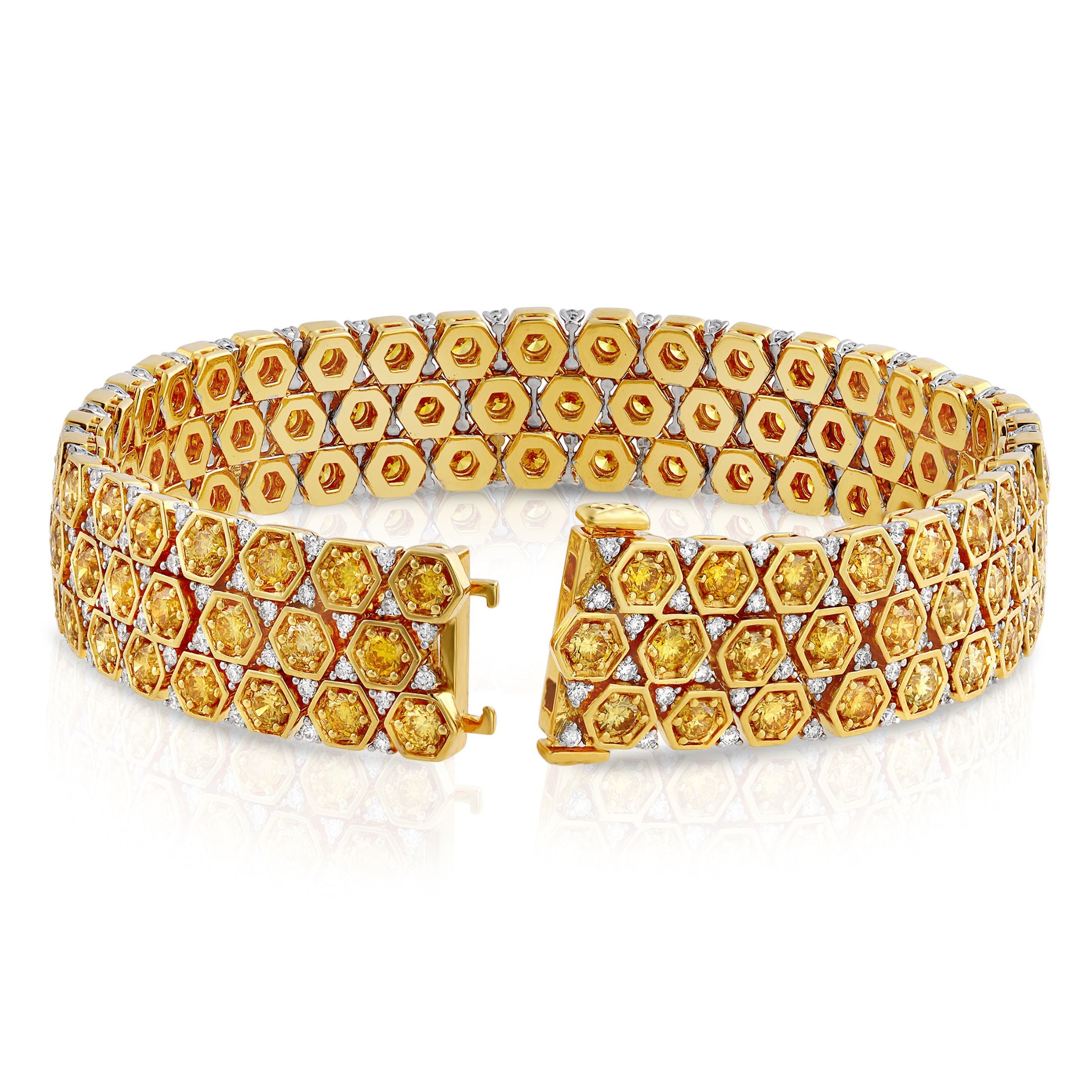 The Hive 10.01 Carat Vivid Yellow Diamond Bracelet in 18K Gold Leviev Bracelets 18k Gold Bracelet, Bracelet, Bracelets, Colored Diamond Bracelet, Diamond Bracelet, Diamond Tennis Bracelet, Everyday Bracelet, Gold & Diamond Bracelet, Gold Bracelet, Hive, Honeycomb, Honeycomb Bracelet, Leviev, Leviev Bracelet, Rings, Tennis Bracelet, Vivid Yellow, Vivid Yellow Diamond, Vivid Yellow Diamond Bracelet, Women's Bracelet, Yellow, Yellow Diamonds, Yellow Gold, Yellow Gold & Diamond, Yellow Gold Bracelet