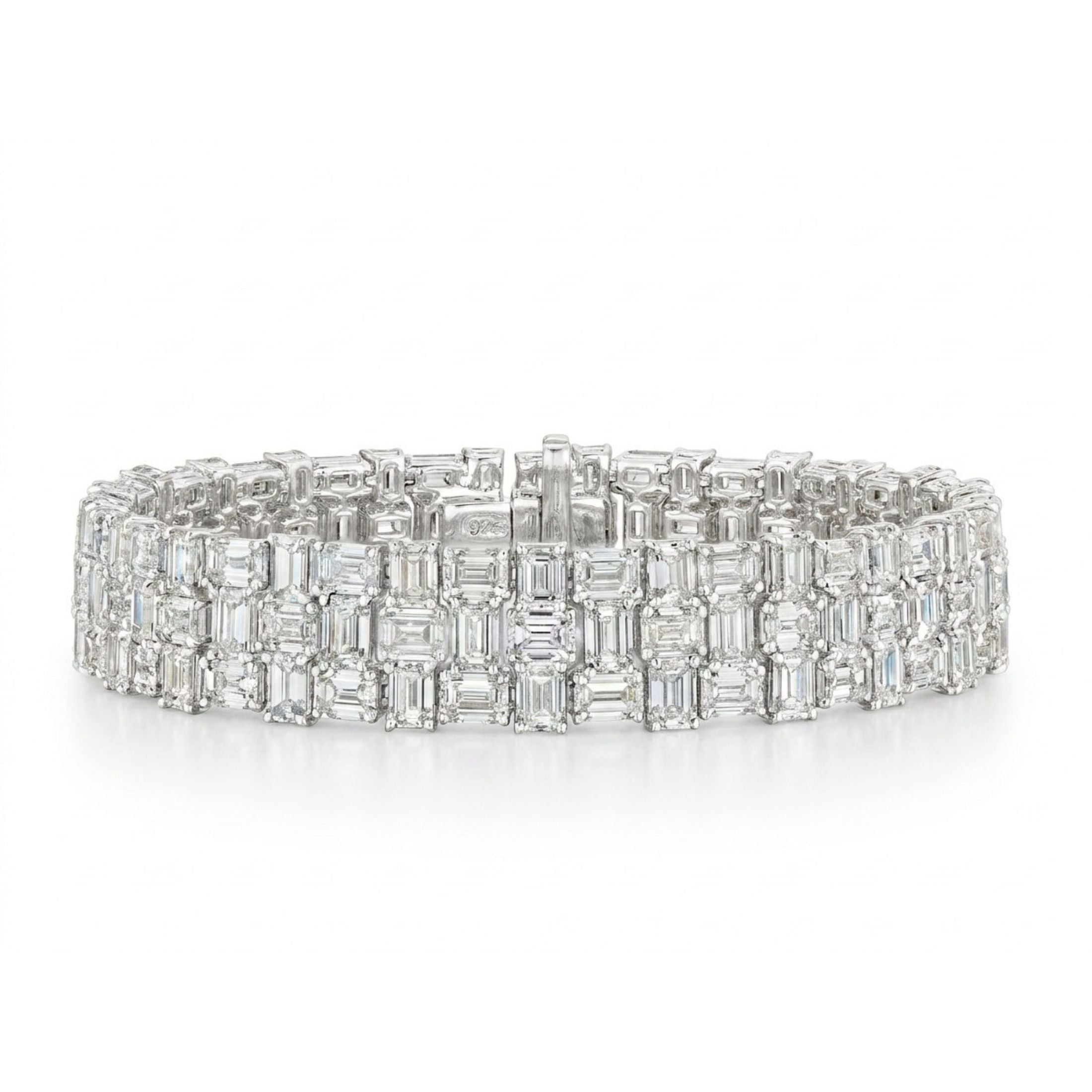 Leviev Theia diamond weave bracelet in 18K white gold with three rows of emerald-cut diamonds and box clasp