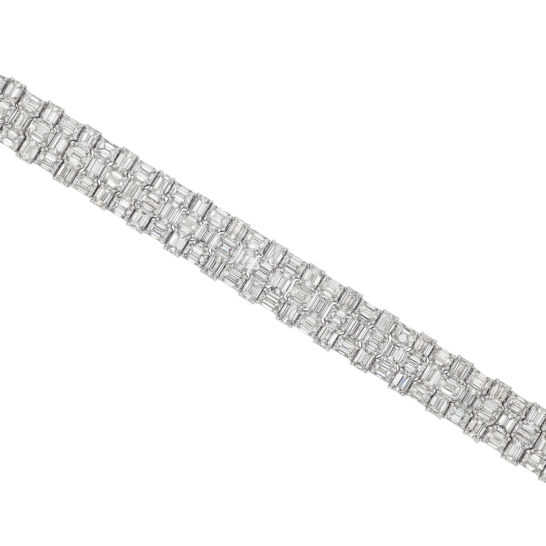Close-up of Leviev Theia diamond weave bracelet showing interlocking emerald-cut stones and polished white gold texture