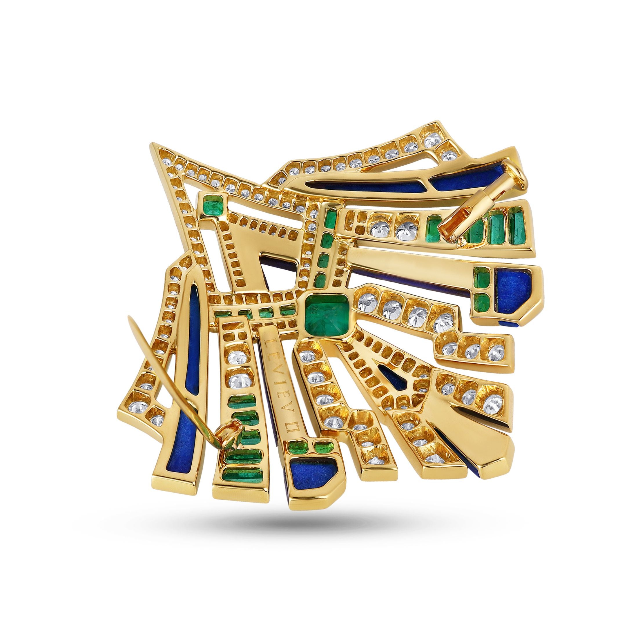 Tribeca 6.94 Carat Lapis, Emerald, & Diamond Brooch in 18K Gold