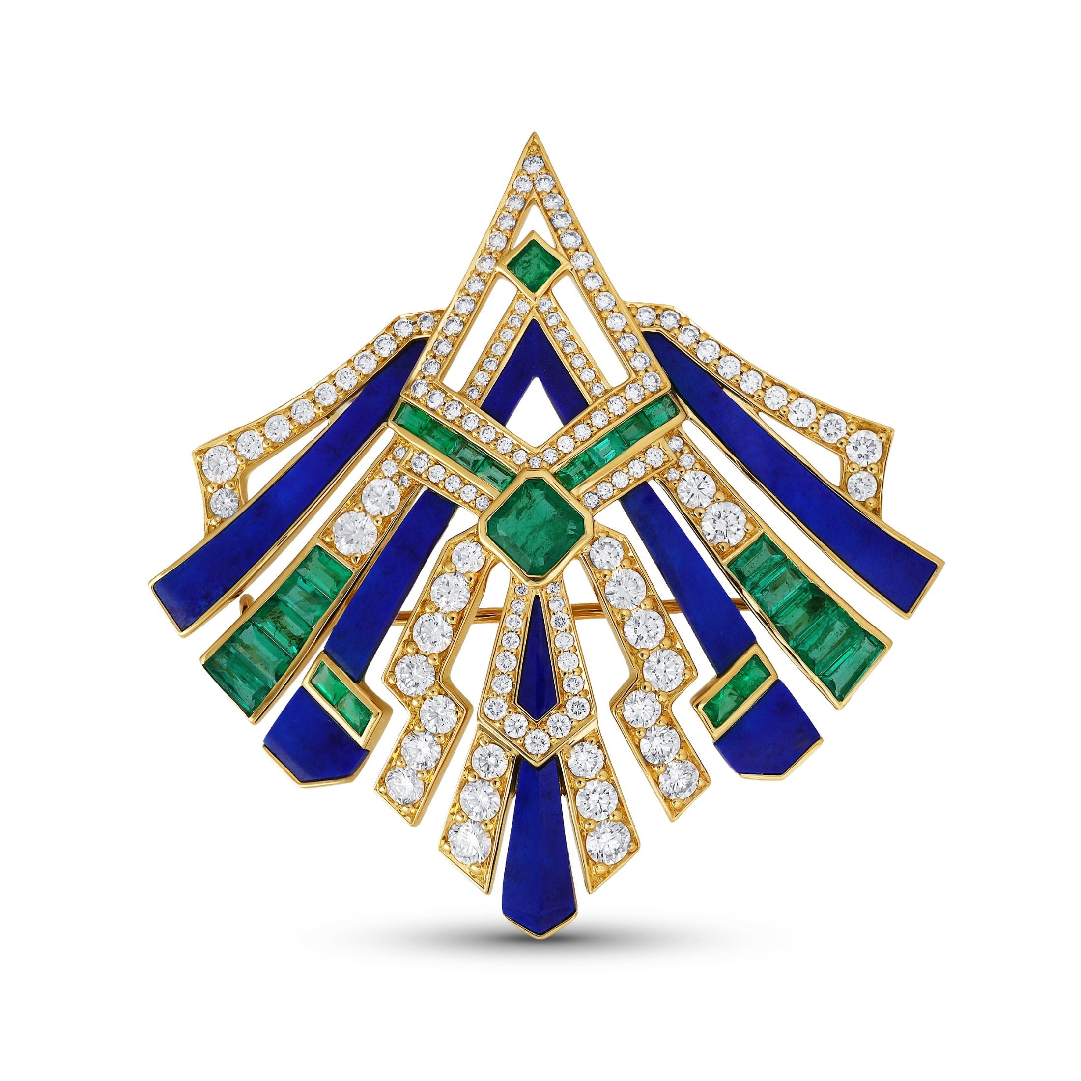 Tribeca 6.94 Carat Lapis, Emerald, & Diamond Brooch in 18K Gold