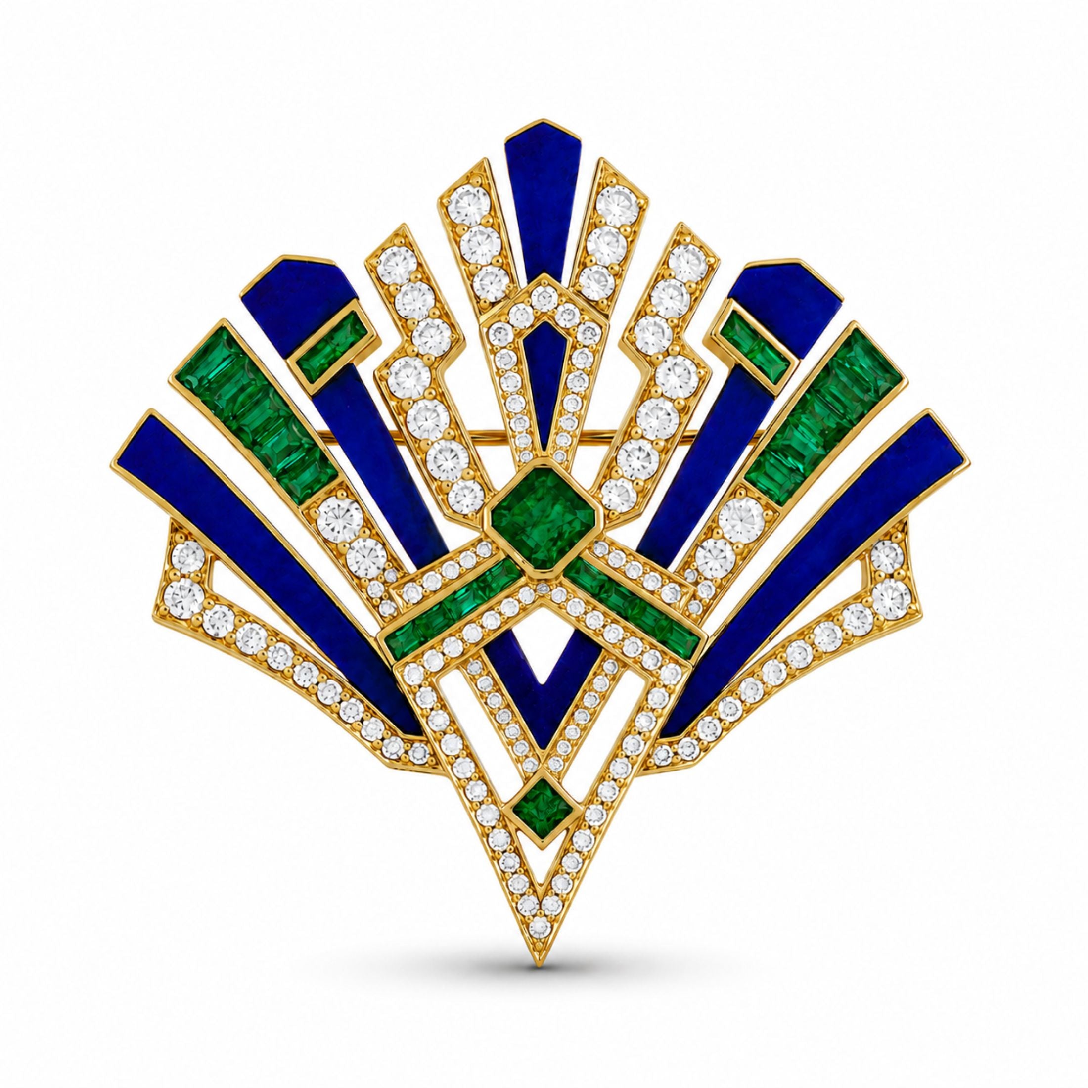 Tribeca 6.94 Carat Lapis, Emerald, & Diamond Brooch in 18K Gold