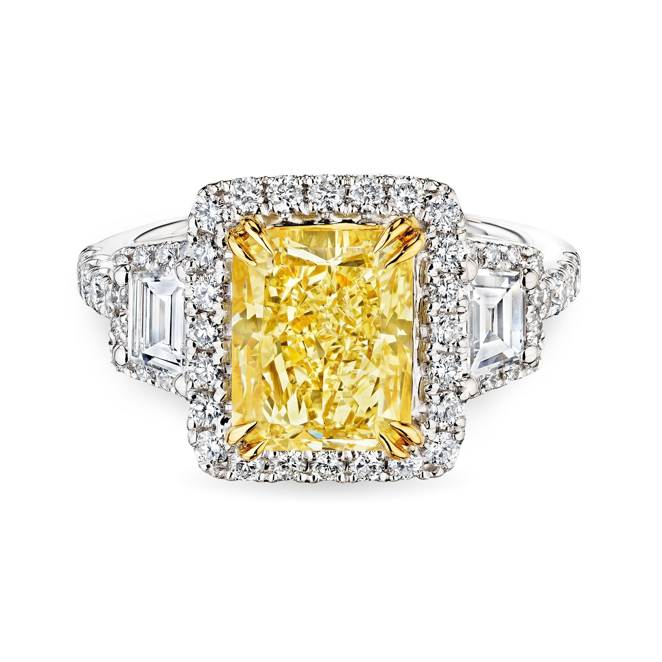 Front view of 3.0 carat fancy yellow diamond halo ring in 18K white gold