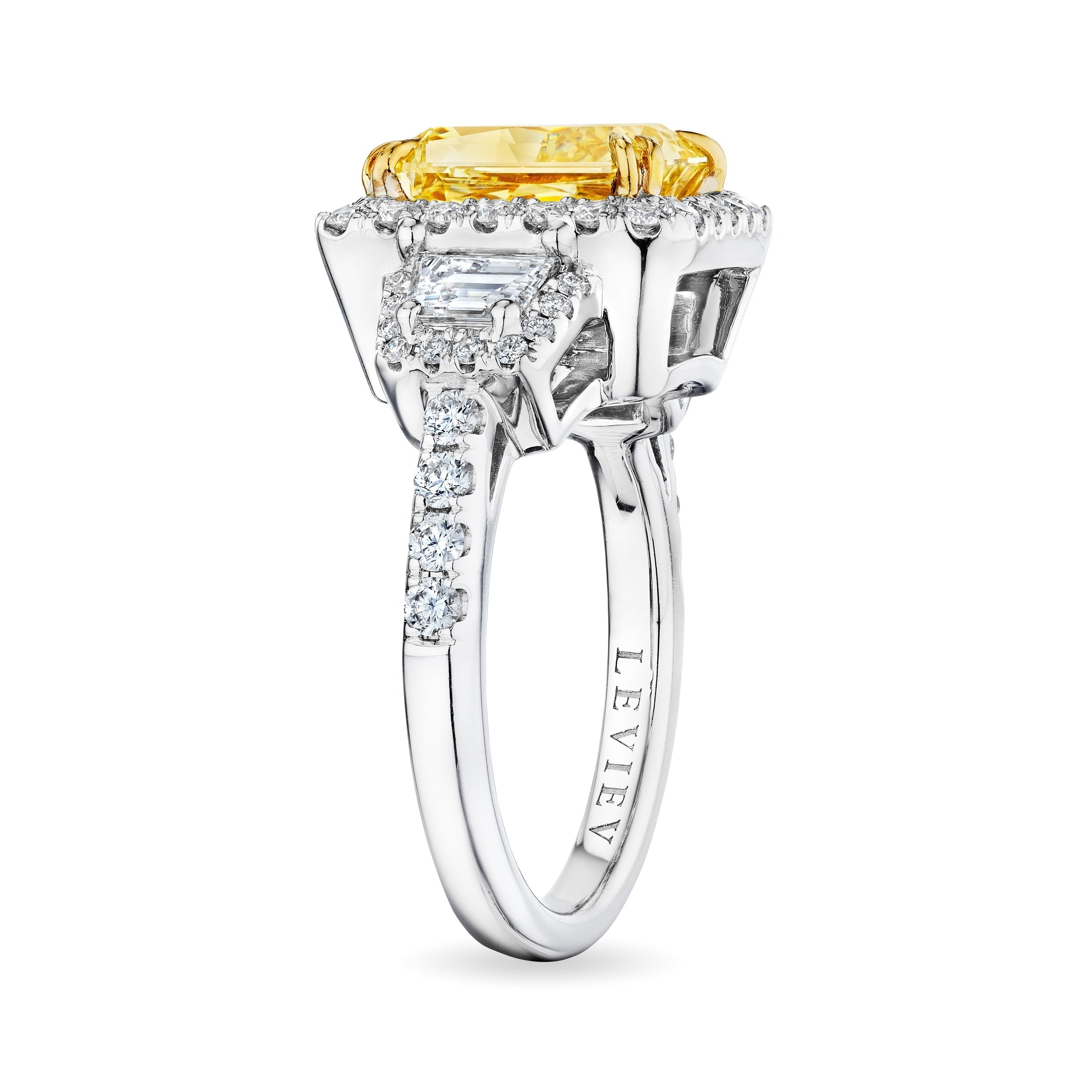 Leviev Trilliant Soleil yellow diamond ring side view with engraved white gold band