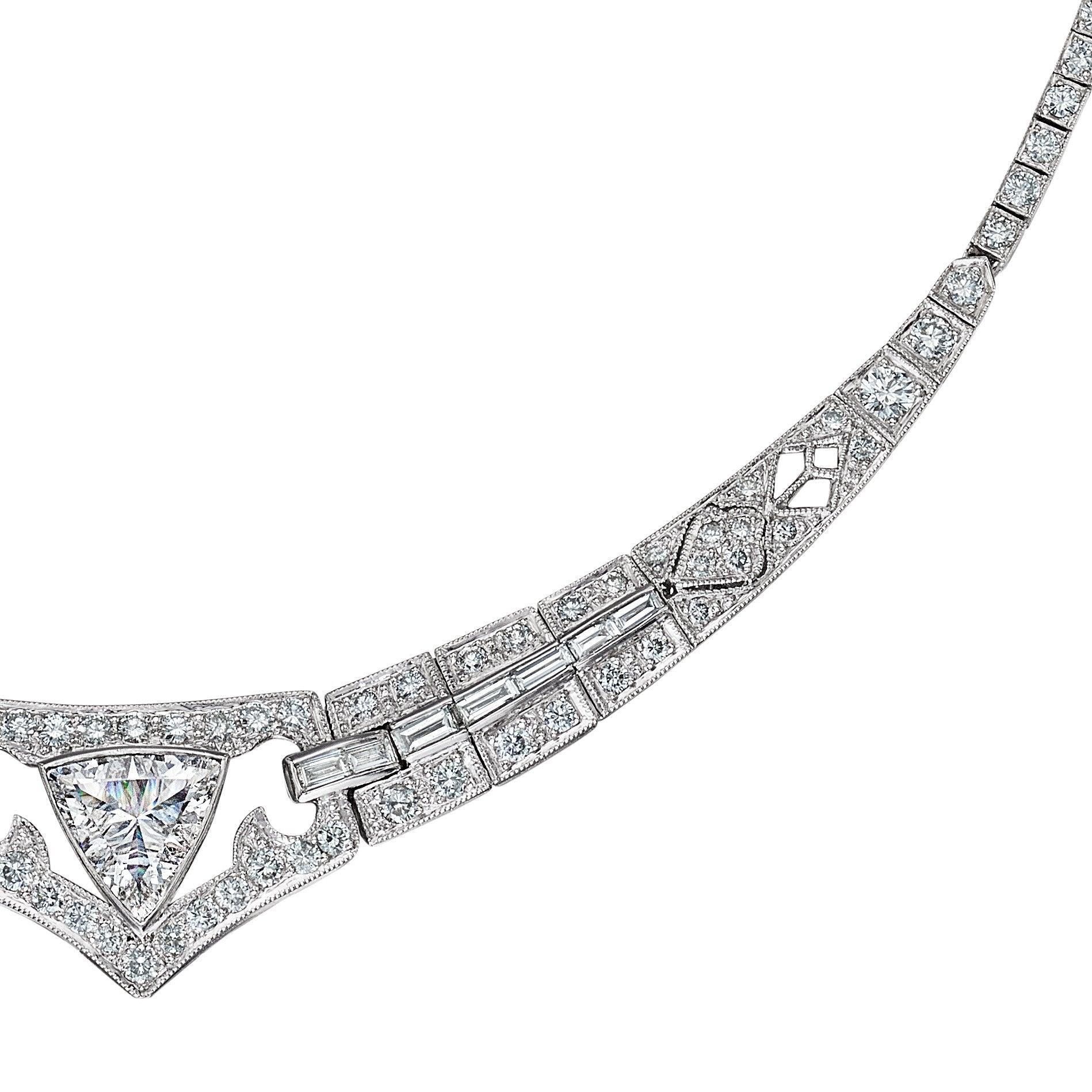 Close-up of Leviev platinum necklace featuring baguette and round diamonds