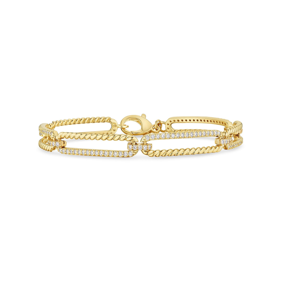 Double-strand 14K yellow gold twisted link diamond bracelet flat lay showing layered open oval links