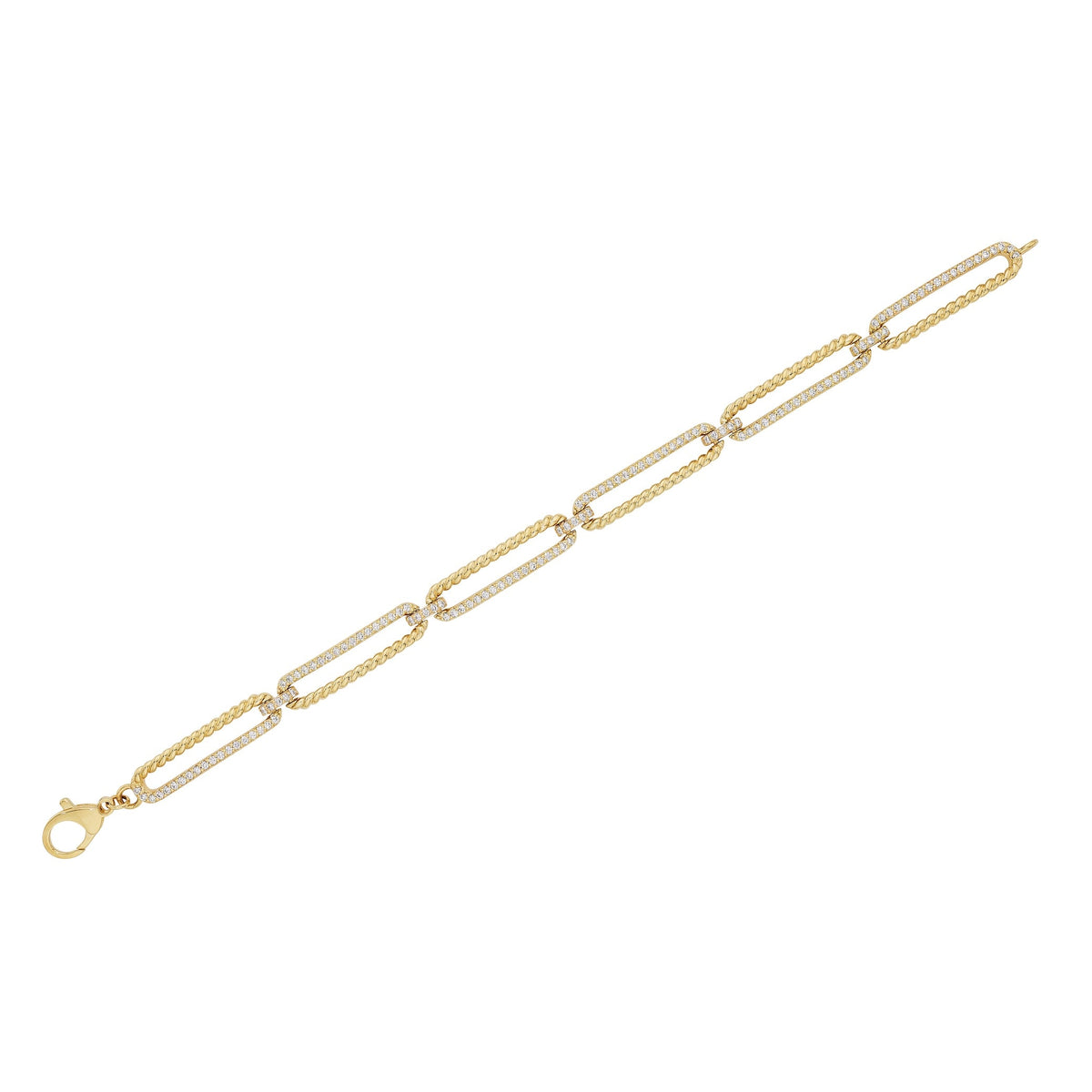 Single-strand 14K yellow gold twisted link diamond bracelet with pavé-set diamonds and rope-textured edges
