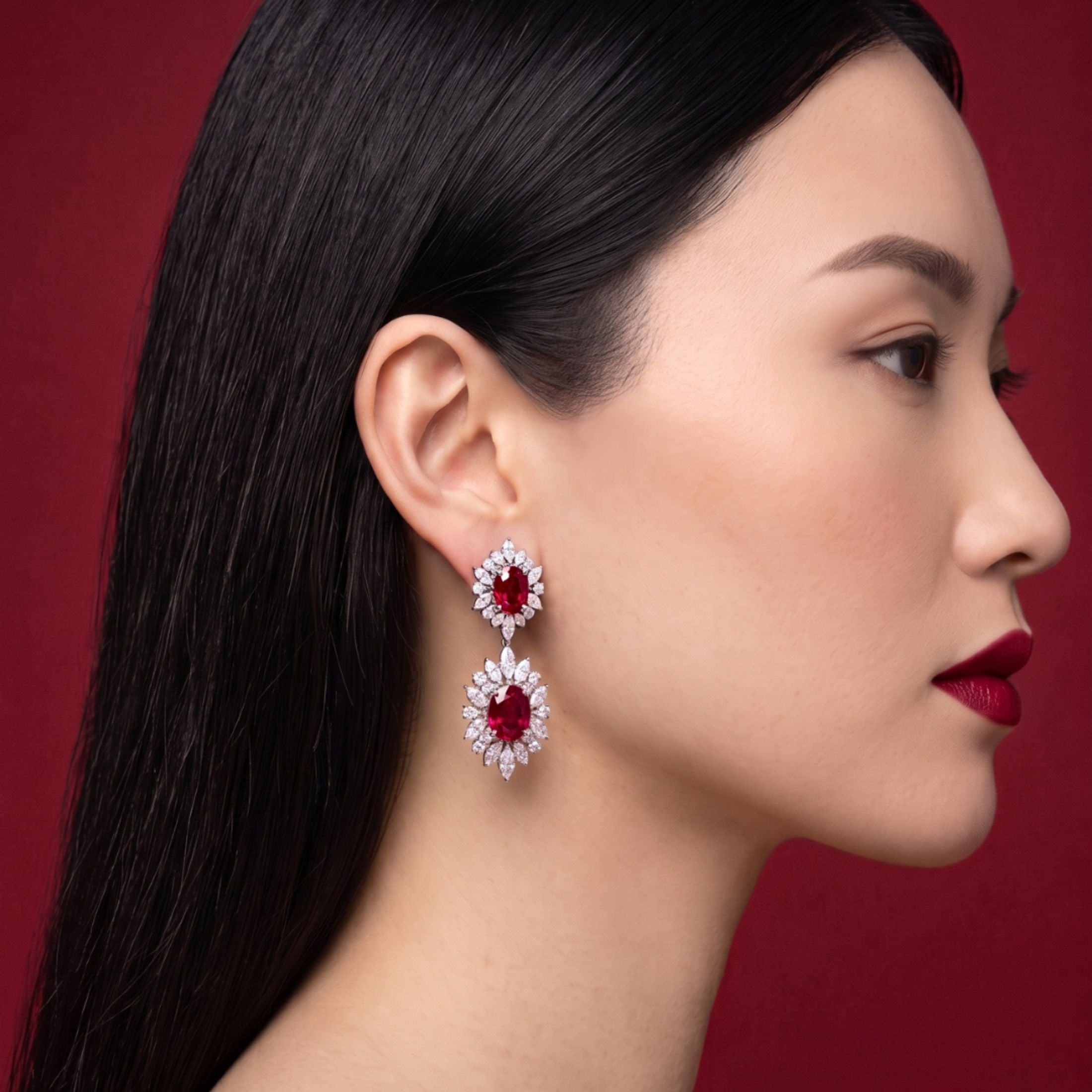 Valency 12.12 Carat Oval Ruby & Diamond Drop Earrings in Platinum & 18K White Gold