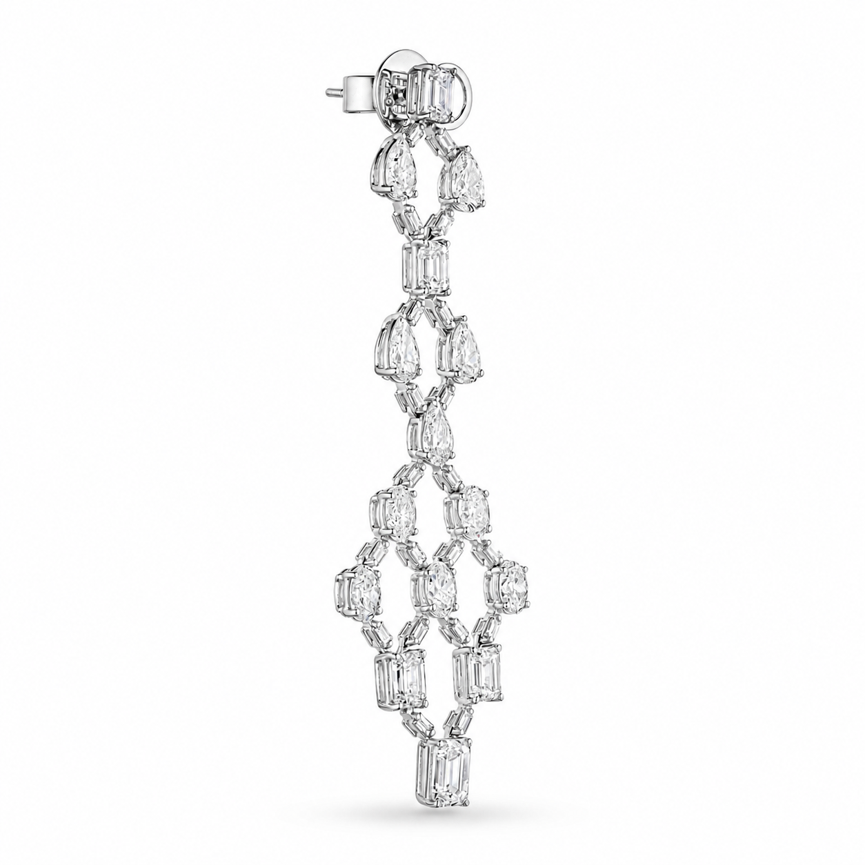 Side view of Leviev Valoria 18K white gold diamond earrings showing open lattice design