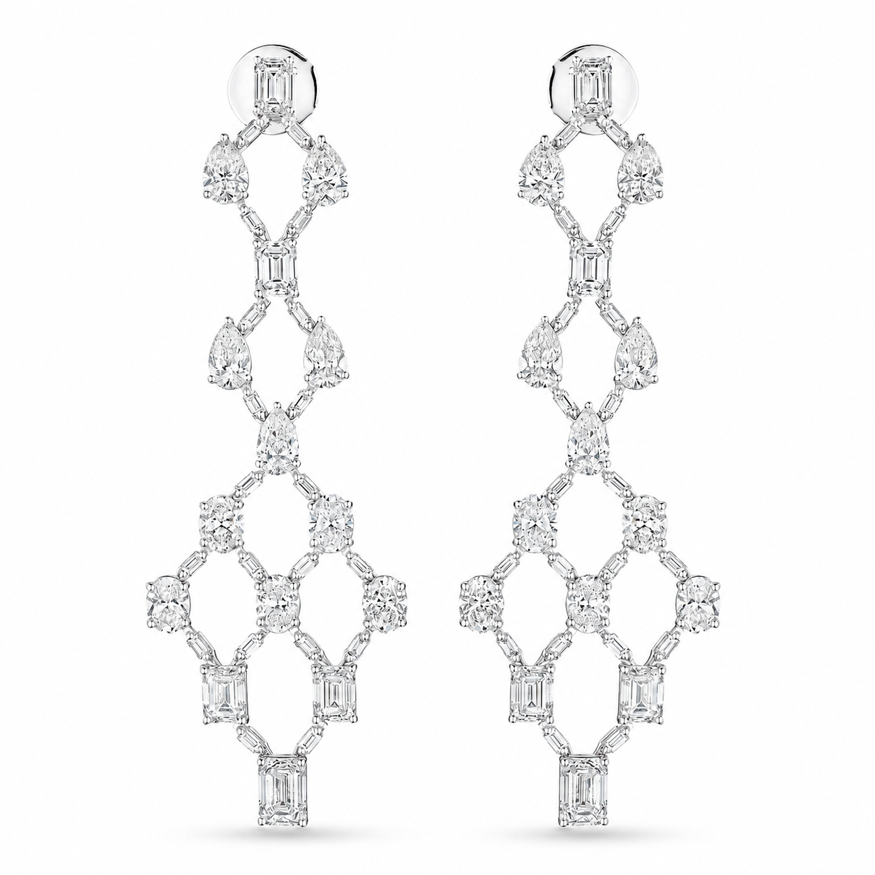 Leviev Valoria 18K white gold diamond dangle earrings with emerald pear and round cuts