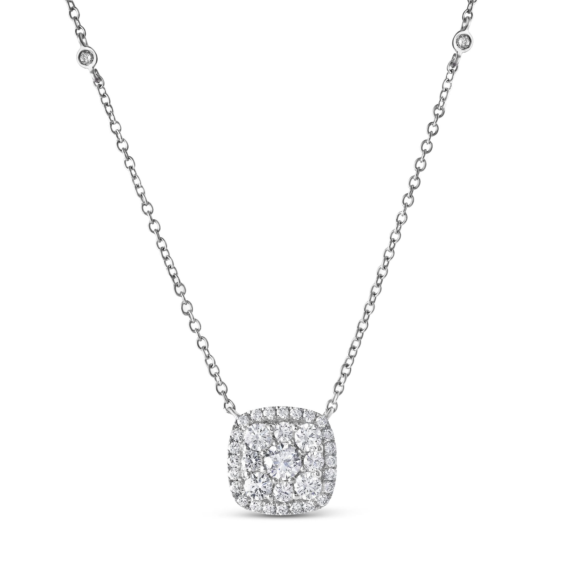 Radiant cluster square diamond pendant in 18K white gold with central stone and full micropave halo