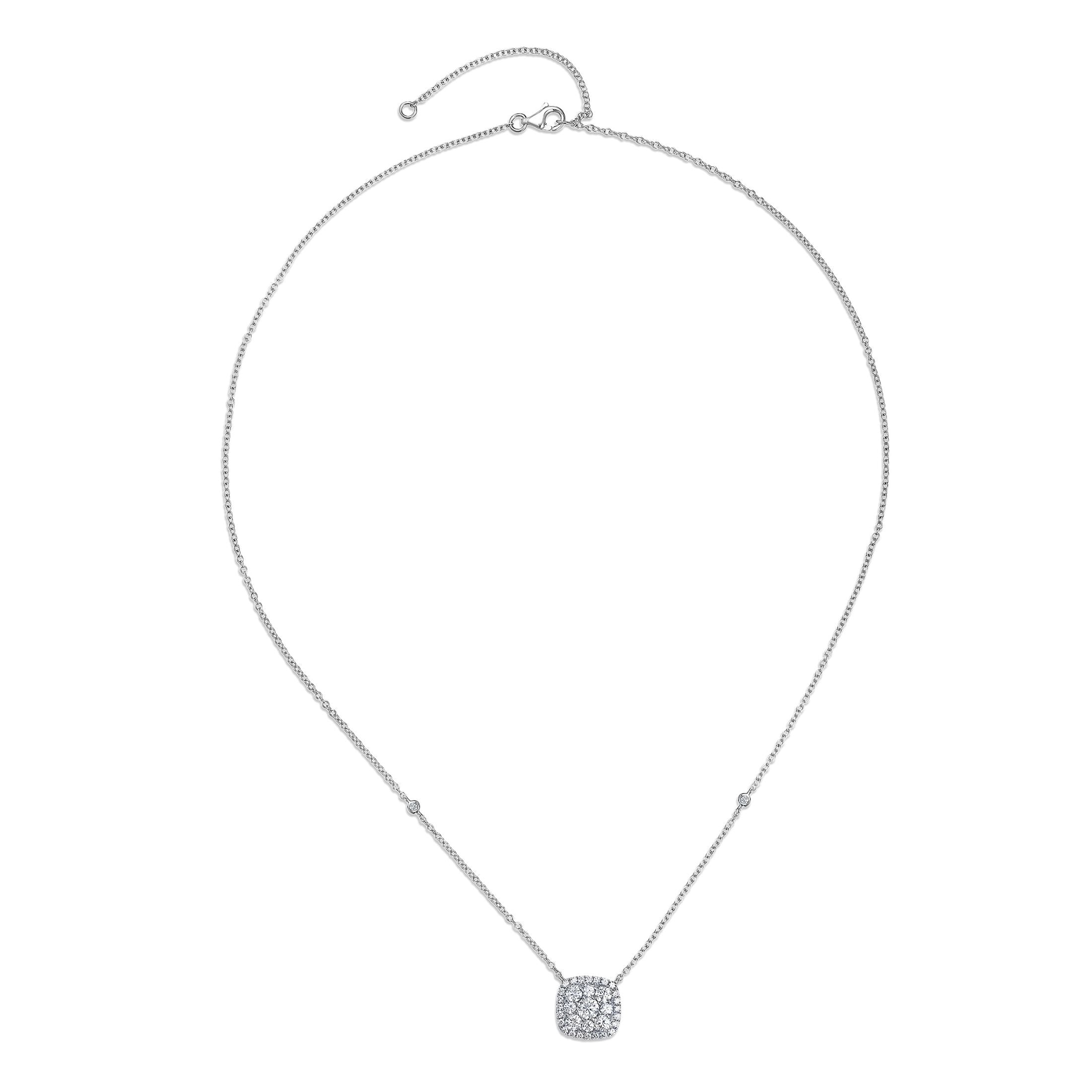 Square cushion diamond pendant in 18K white gold featuring double halo micropave setting on cable chain