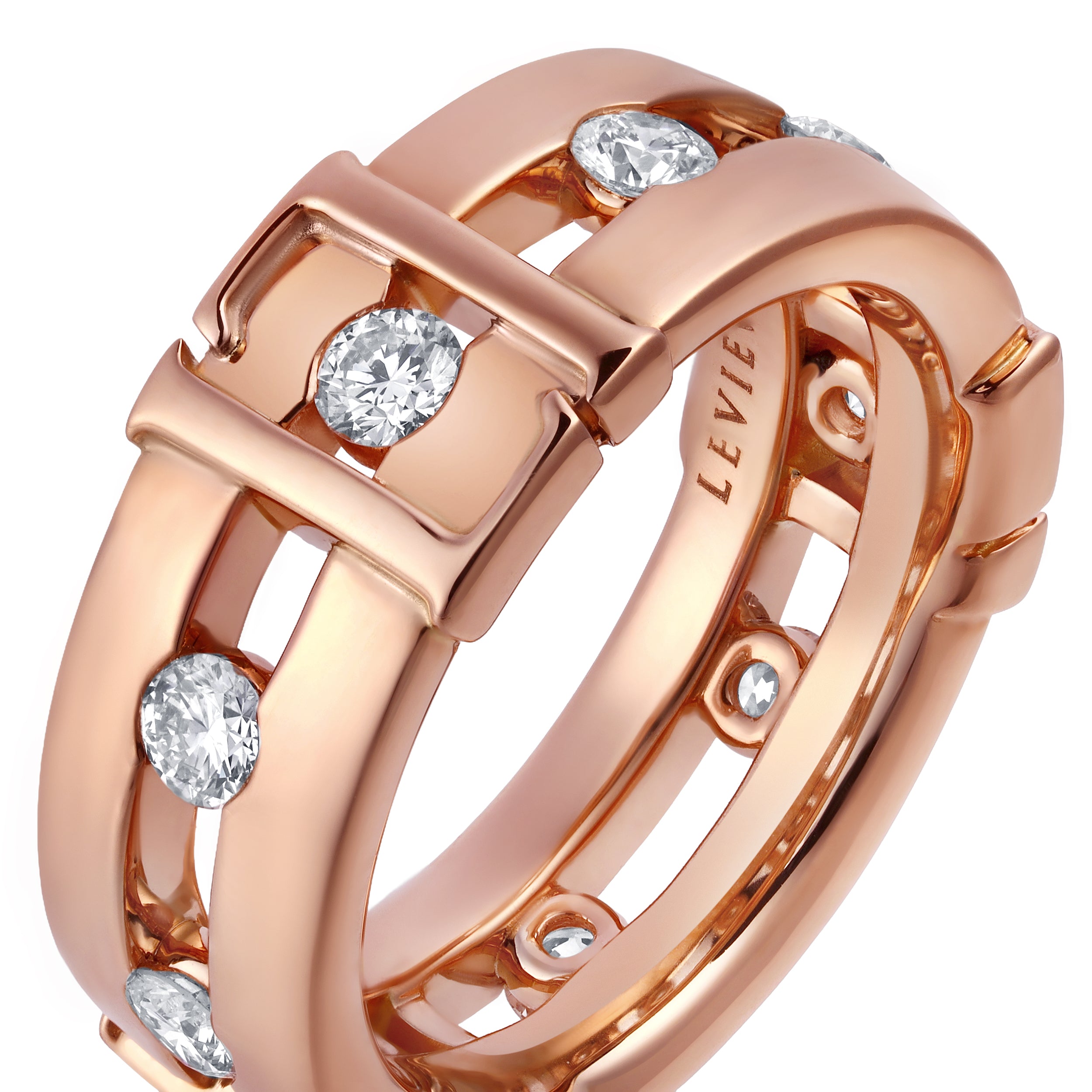 Close-up rear view of 18K rose gold Veil Line ring highlighting layered bands, LEVIÉV engraving, and interlocking structural details