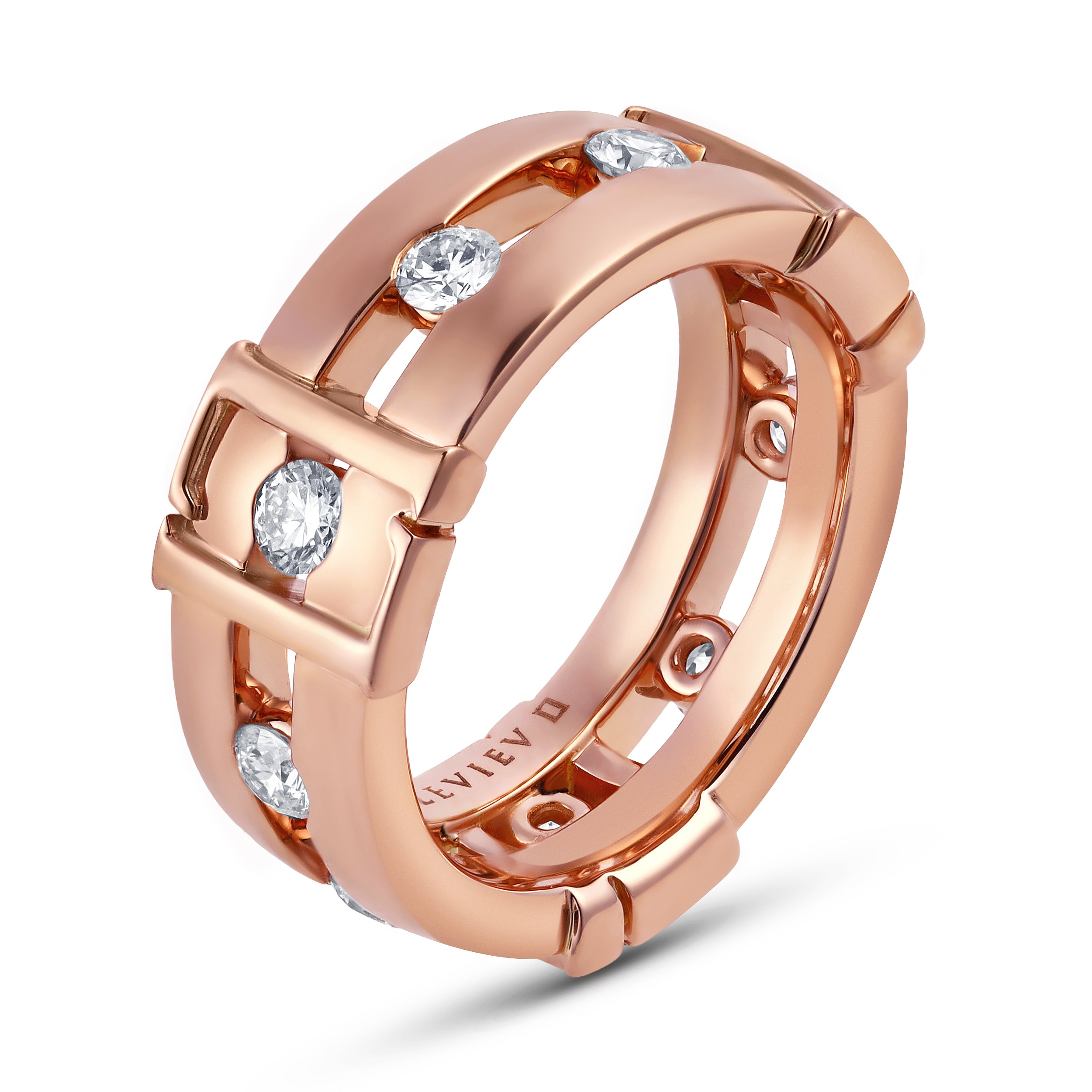 Side view of Leviev Veil Line rose gold ring showing dual-band construction, engraved LEVIÉV II interior, and prong-set diamonds