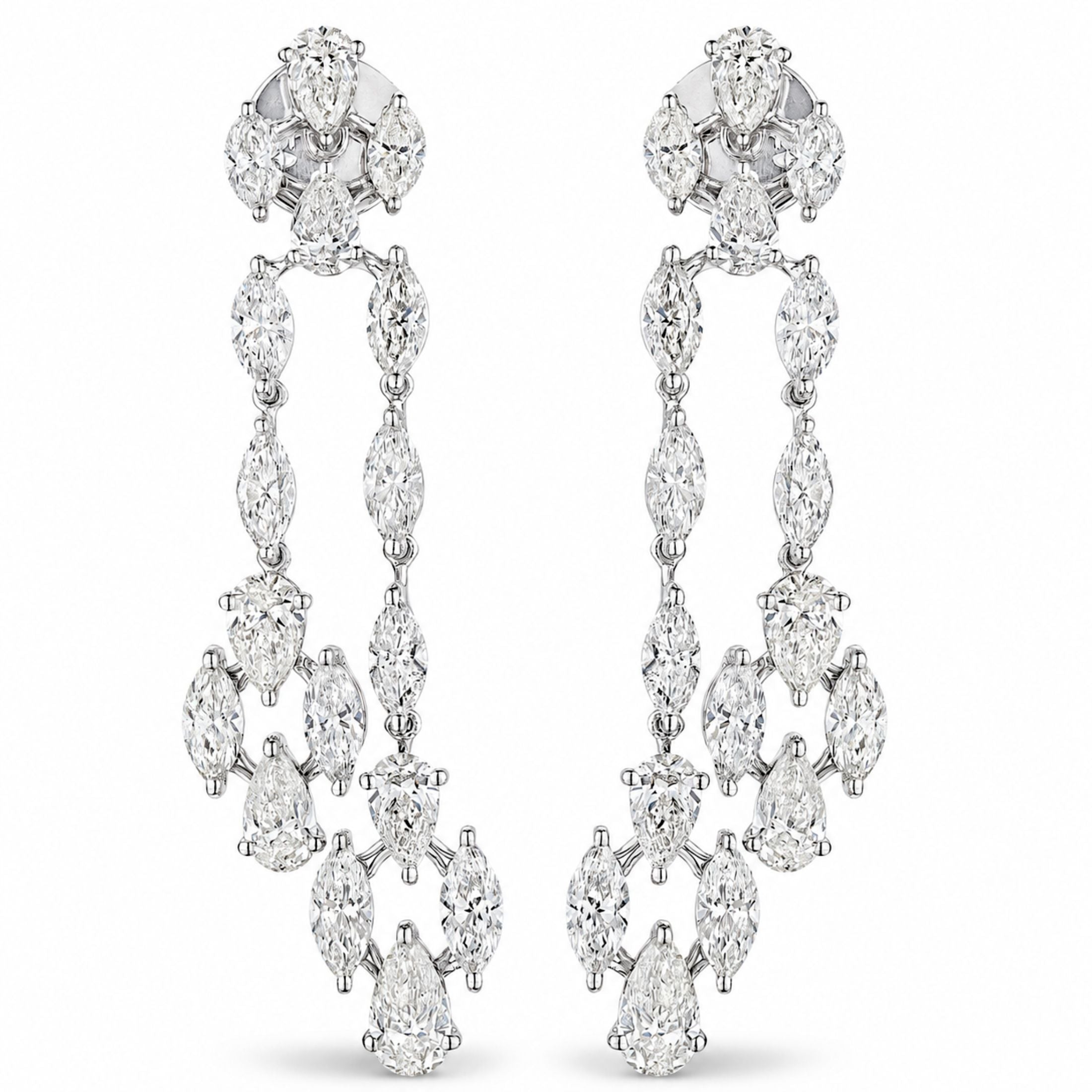 Pair of Venetian Rain diamond dangle earrings front view with symmetrical marquise and pear cut white gold setting