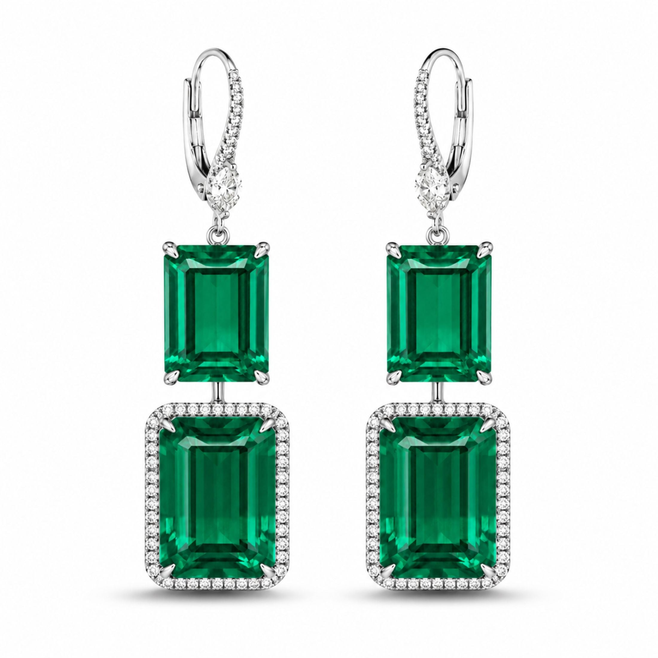 Leviev Verdant Jardin emerald diamond earrings with stacked rectangular green emeralds, white gold bezel halo, and diamond-set lever-back