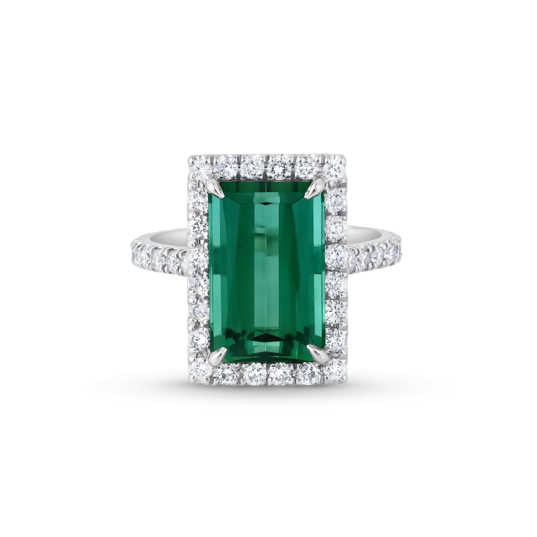 Front studio shot of Leviev emerald cut green tourmaline double row diamond halo ring