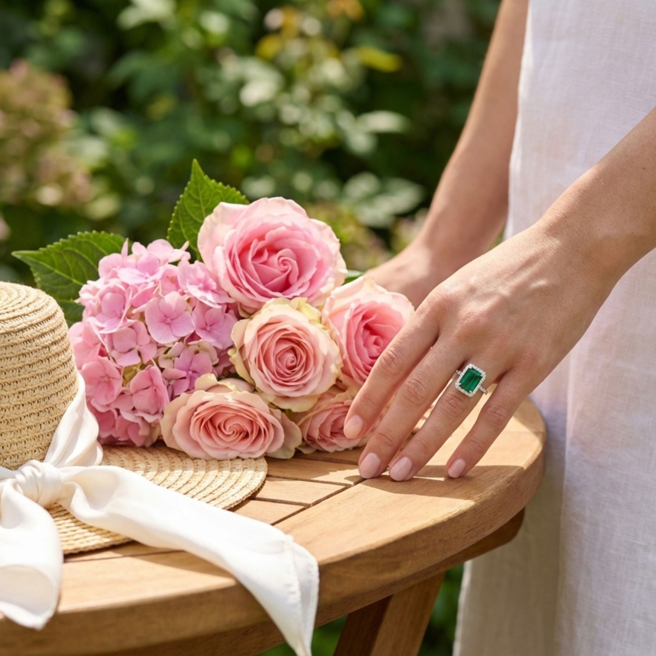 Verdant Light emerald cut green tourmaline halo ring with diamond accents on hand with pink roses