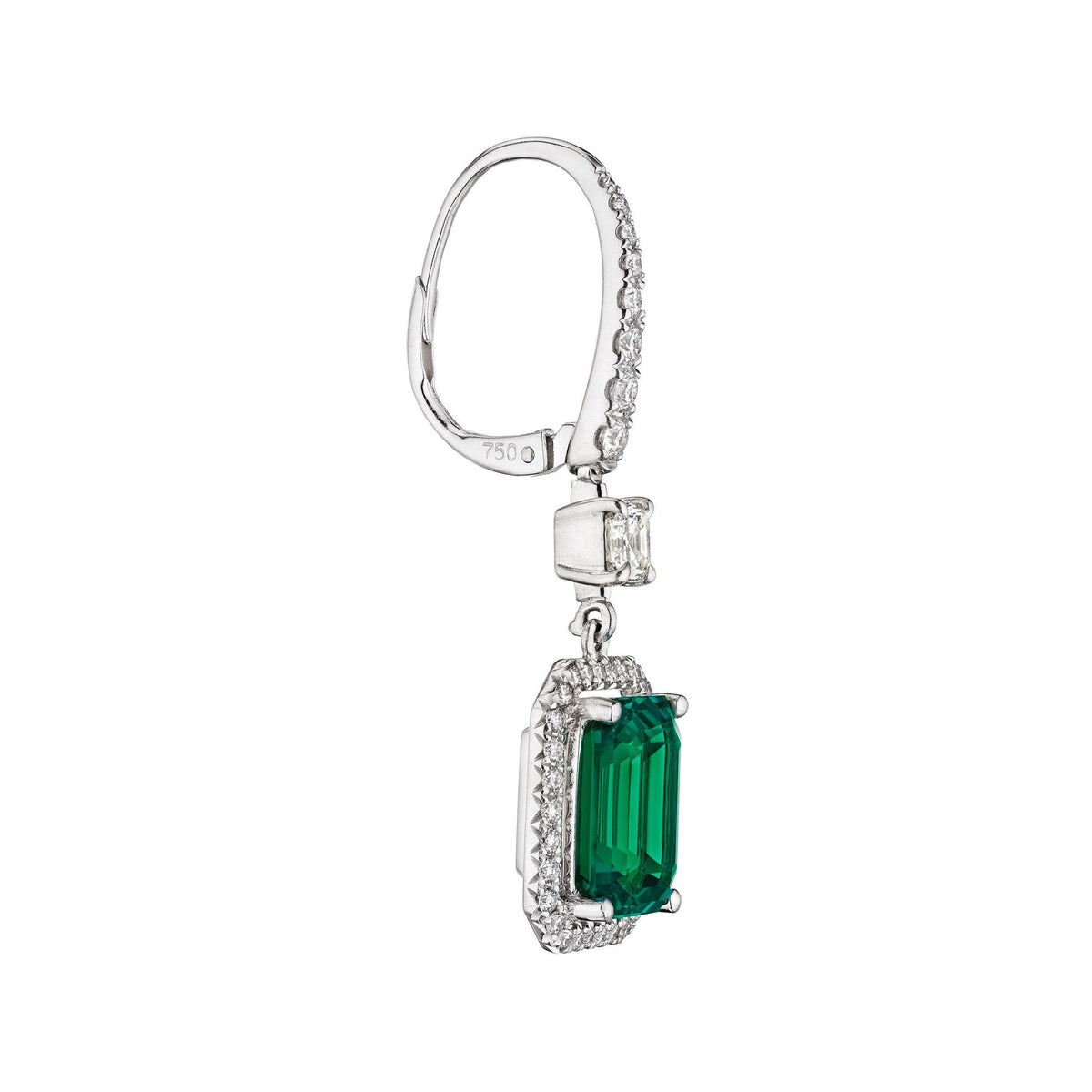 Side view of Leviev 18K white gold lever-back earrings featuring emerald-cut emerald and double diamond halo detail