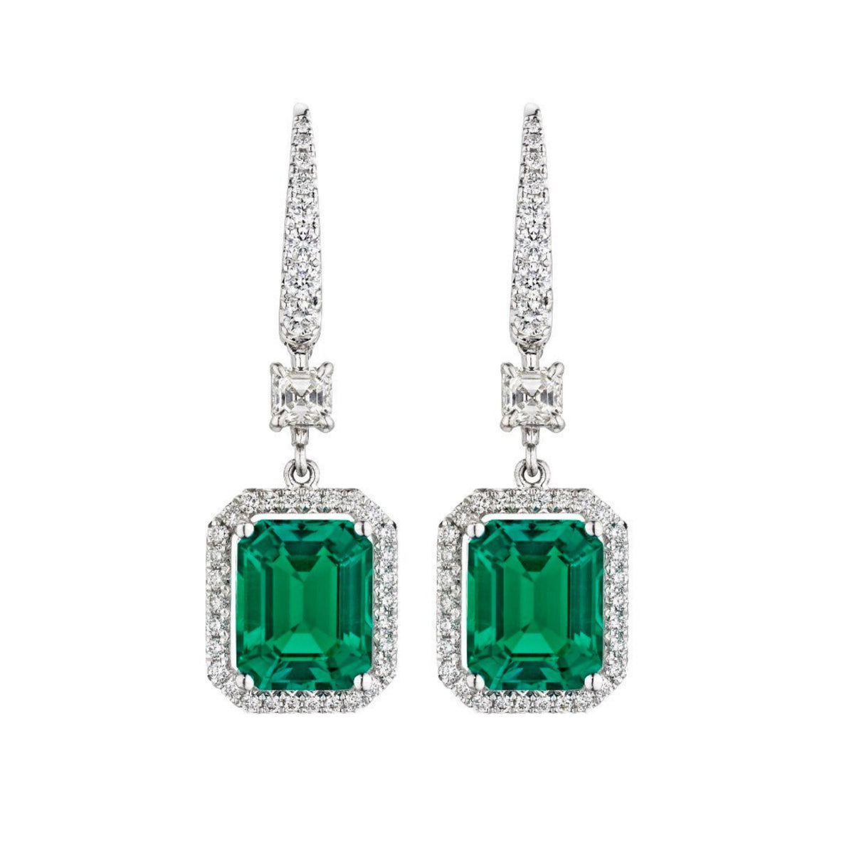 Leviev Verdant Monolith emerald and diamond drop earrings in 18K white gold with forest green emerald-cut center stone