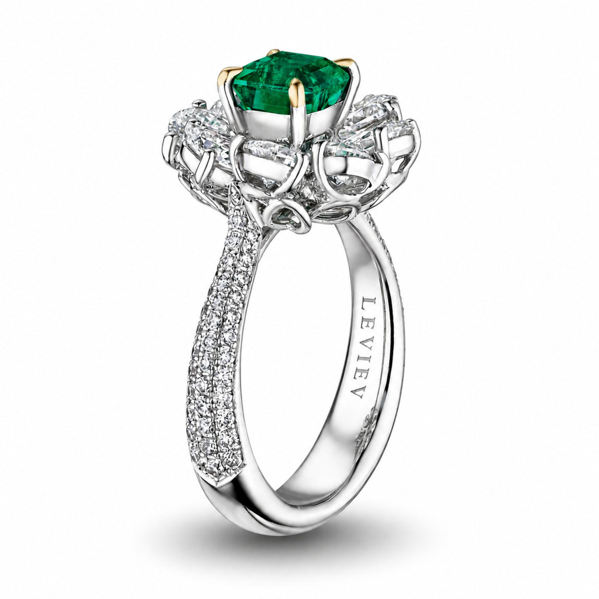 Verdant Rose 4.95 Carat Square Cut Green Emerald Flower Ring in 18K White Gold