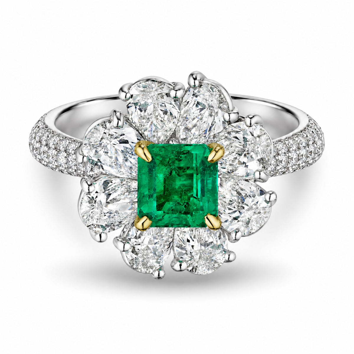 Verdant Rose 4.95 Carat Square Cut Green Emerald Flower Ring in 18K White Gold