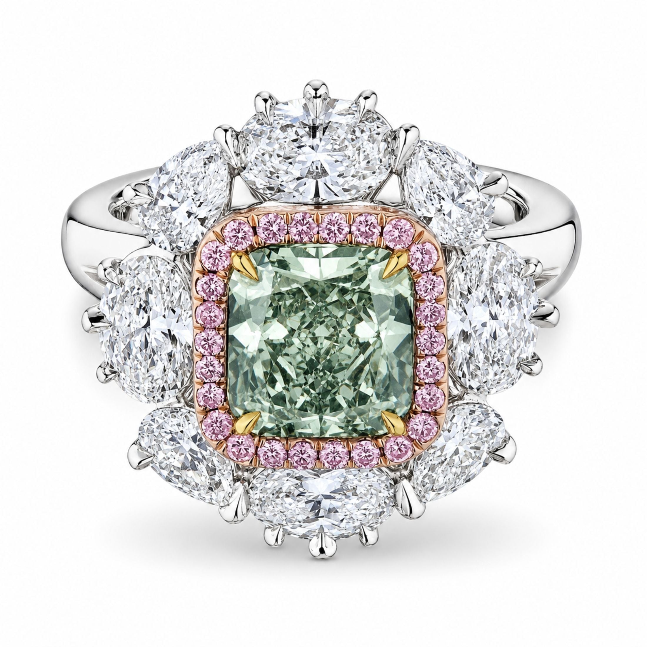 Verdelle 2.10 Carat Diamond Cushion Cut Fancy Green Diamond Halo Ring in Platinum