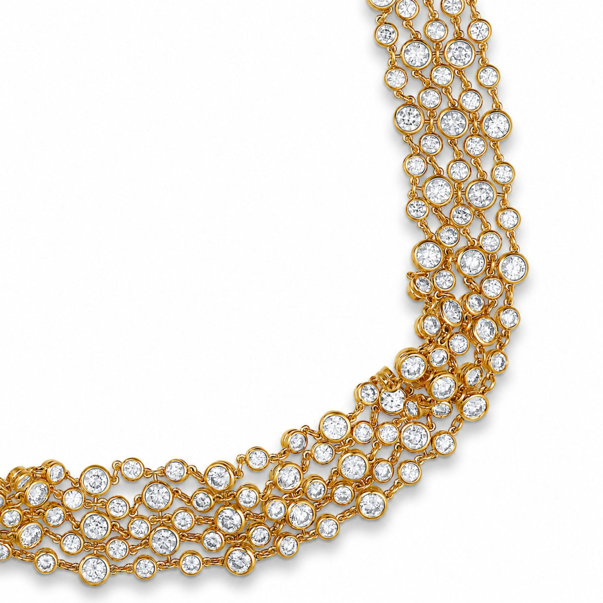 Diagonal cascade of 5 staggered diamond strands in 18K gold showing fluid organic flow