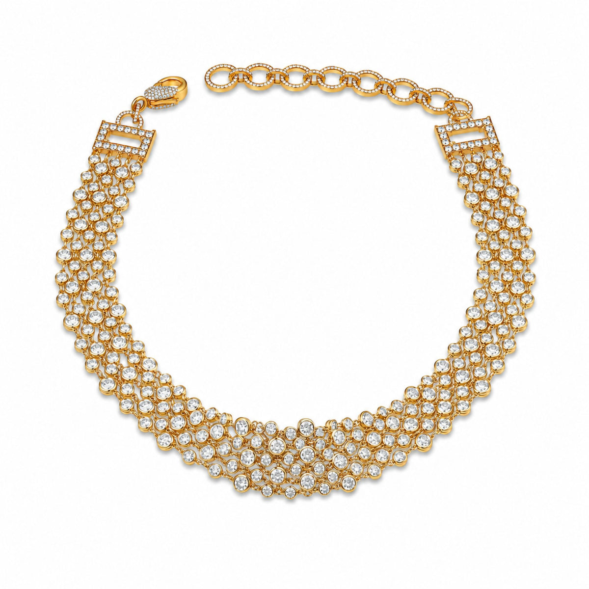 Front view of wide graduated 5-layer diamond necklace in 18K gold with scalloped silhouette