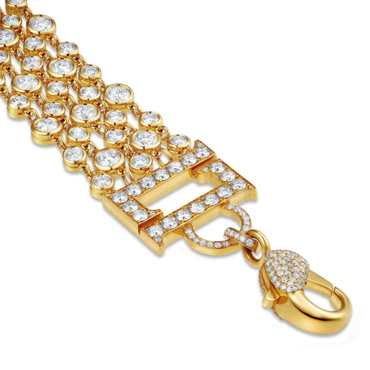 Side detail of heart-shaped lobster clasp on multi-row diamond necklace in 18K yellow gold