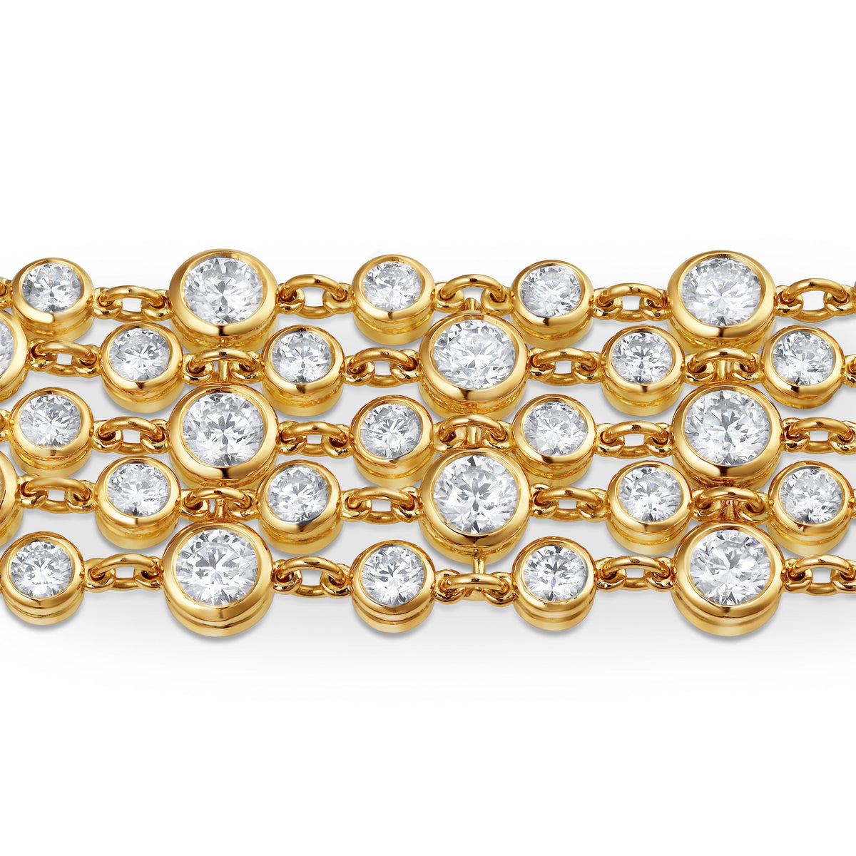 Top-down view of uniform 5-strand diamond choker with bezel-set stones in 18K yellow gold