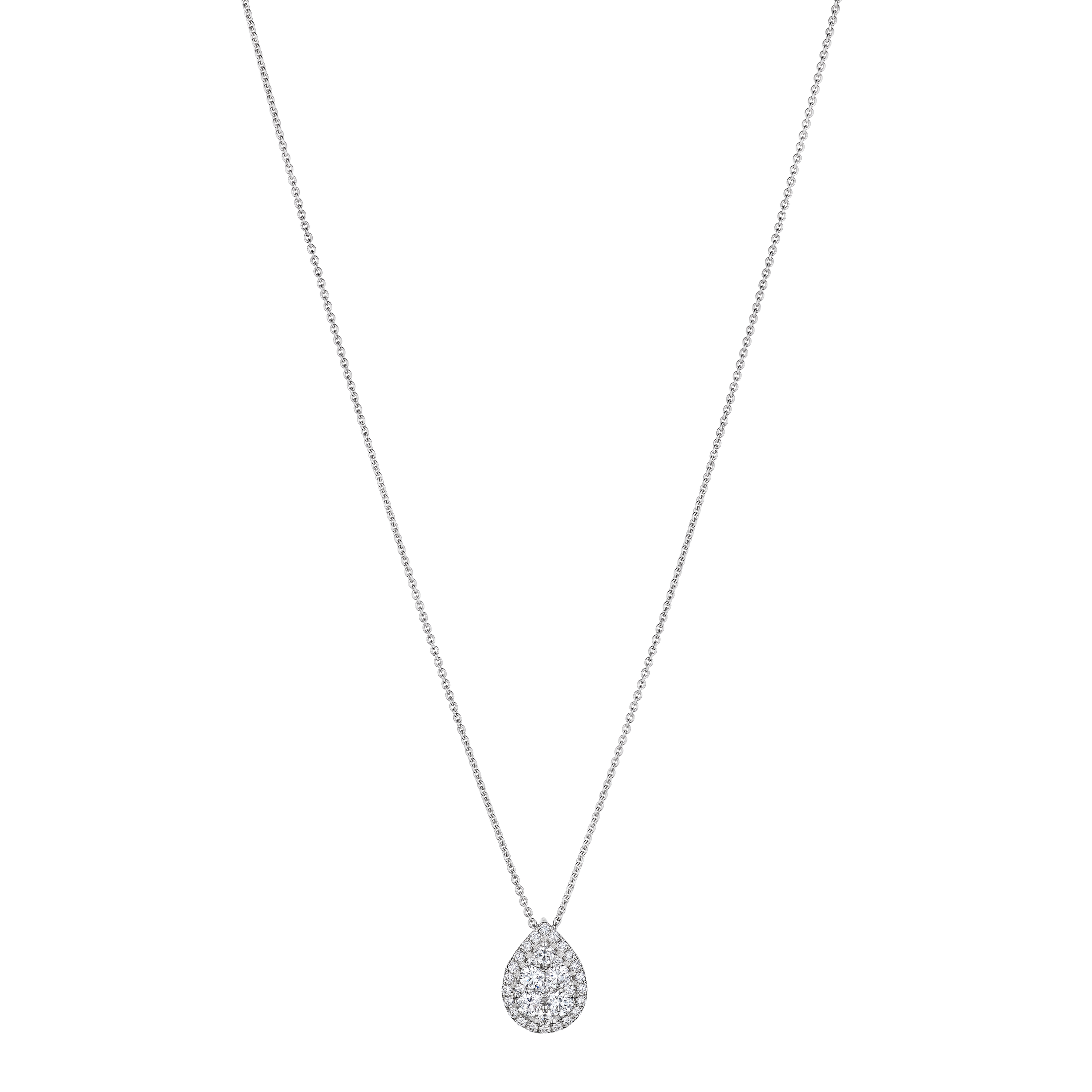 Top-down view of Leviev Virelia 1.01 carat diamond pendant in 18K white gold showing dense round brilliant pavé halo symmetry