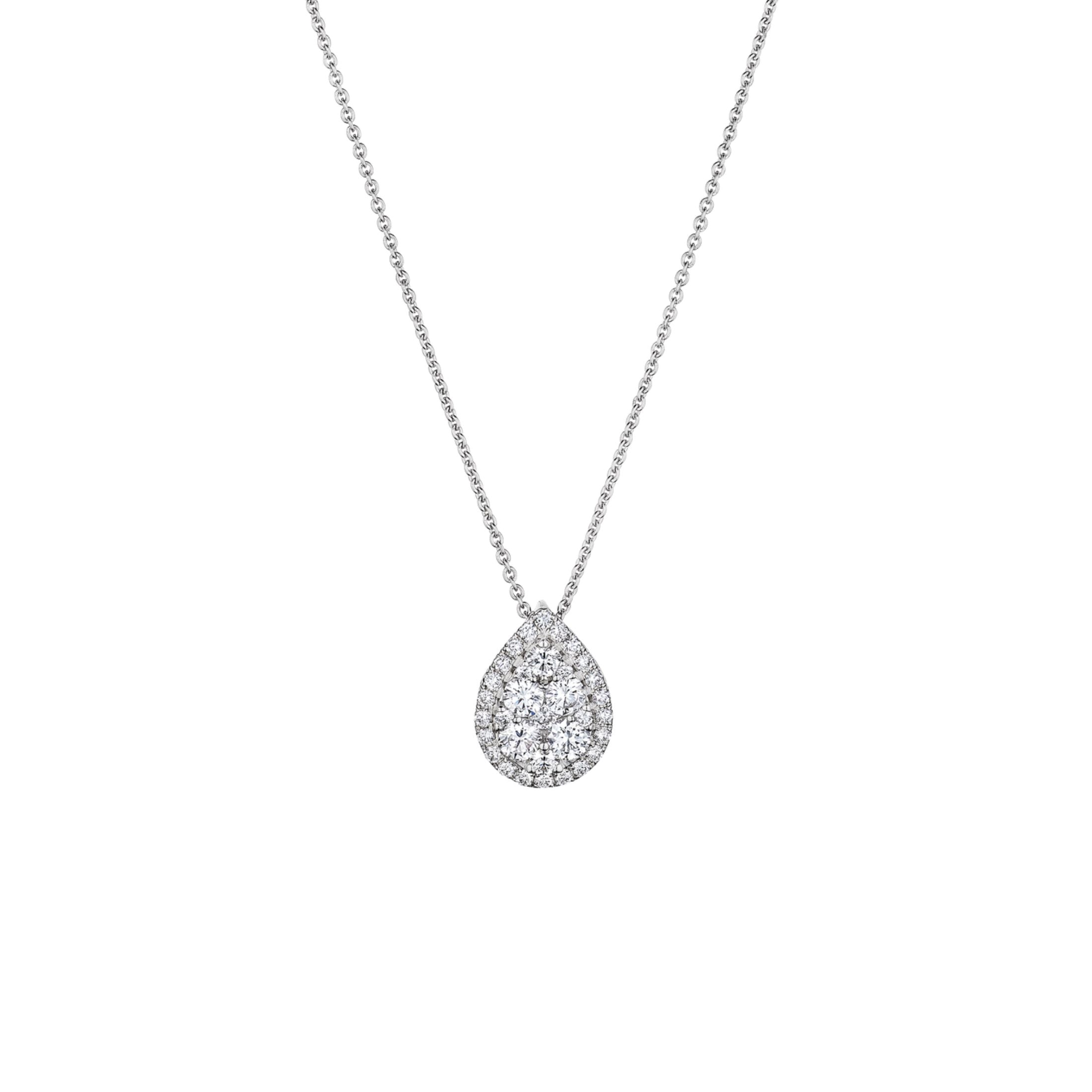 Leviev Virelia teardrop diamond pendant necklace in 18K white gold with central cluster and full halo pavé on ball chain