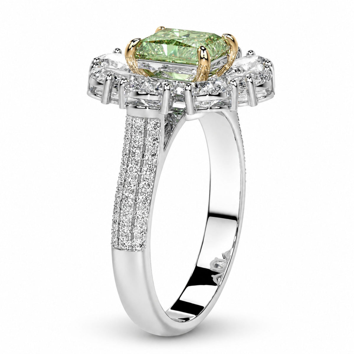 Top-down flat-lay of six petal white diamonds surrounding green center stone