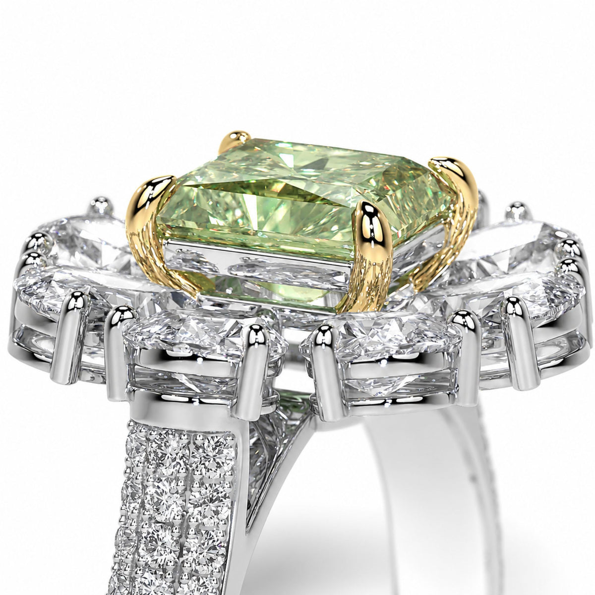 Close-up of radiant-cut lime green center stone with organic gold prongs