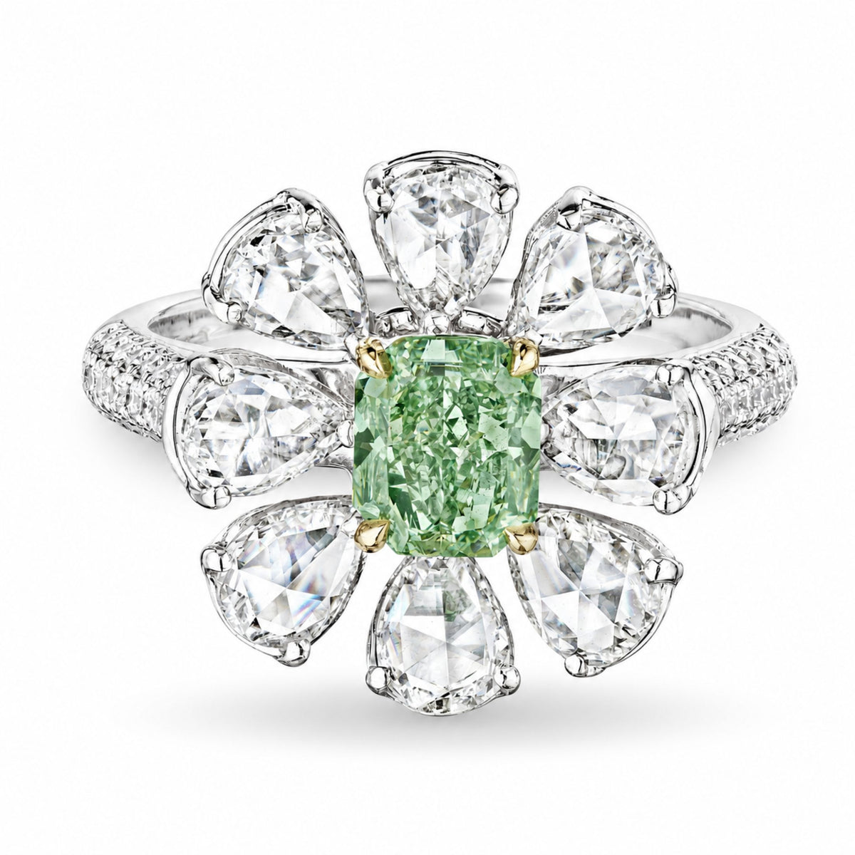Viridian Bloom 2.84ct Fancy Intense Green Radiant Cut Diamond Flower Ring in 18K White Gold with white diamond petals and milgrain band