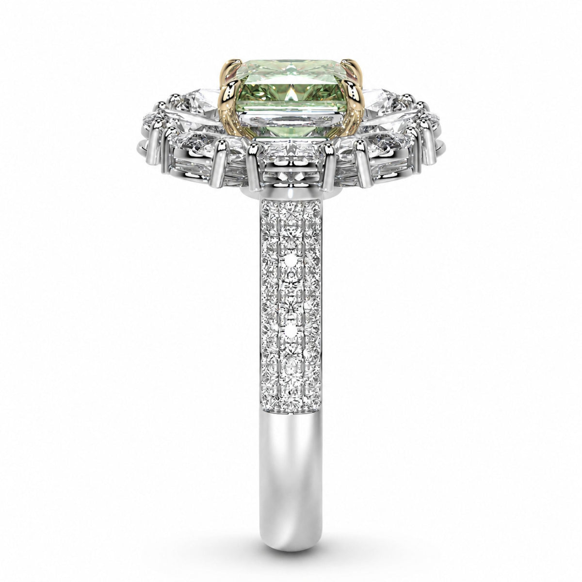 Viridian Bloom green diamond flower ring with white gold halo and pavé band