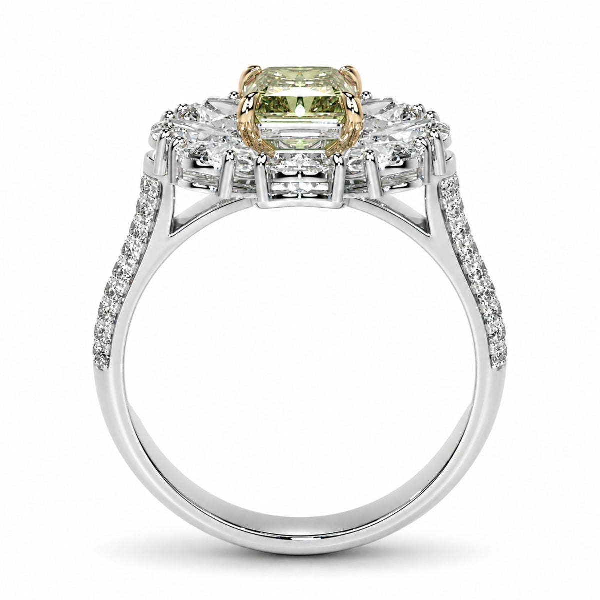 Asymmetrical split shank side view of 18k white gold green diamond ring