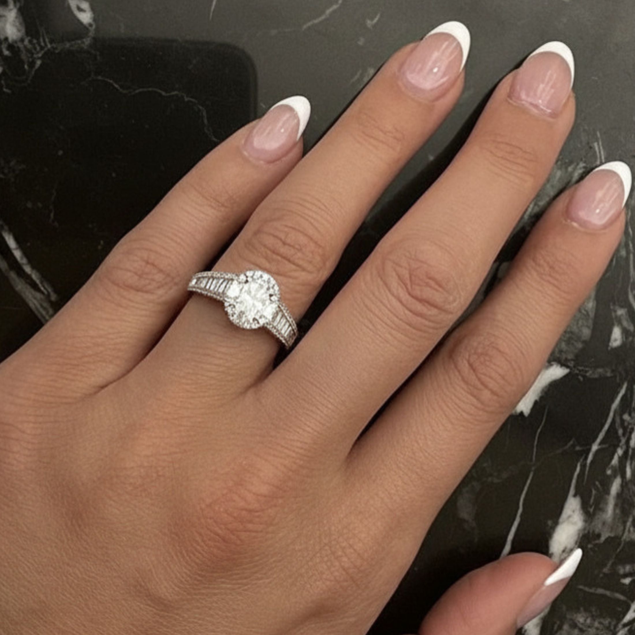 Watters 1.47 Carat Oval and Baguette Diamond Halo Ring in 18K White Gold Leviev Rings Leviev, Leviev Signature, Oval, Rings, Signature Leviev 