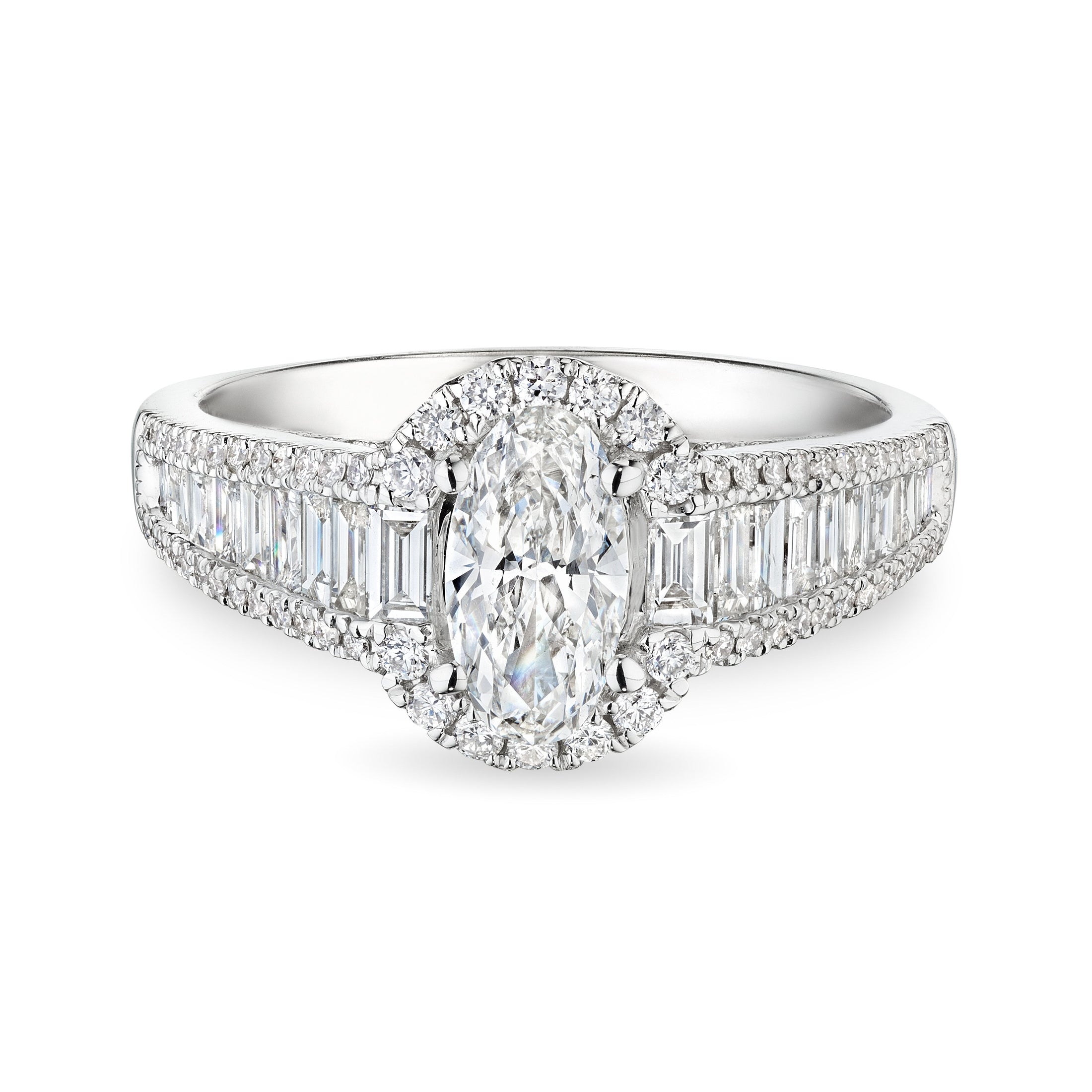 Watters 1.47 Carat Oval and Baguette Diamond Halo Ring in 18K White Gold Leviev Rings Leviev, Leviev Signature, Oval, Rings, Signature Leviev 