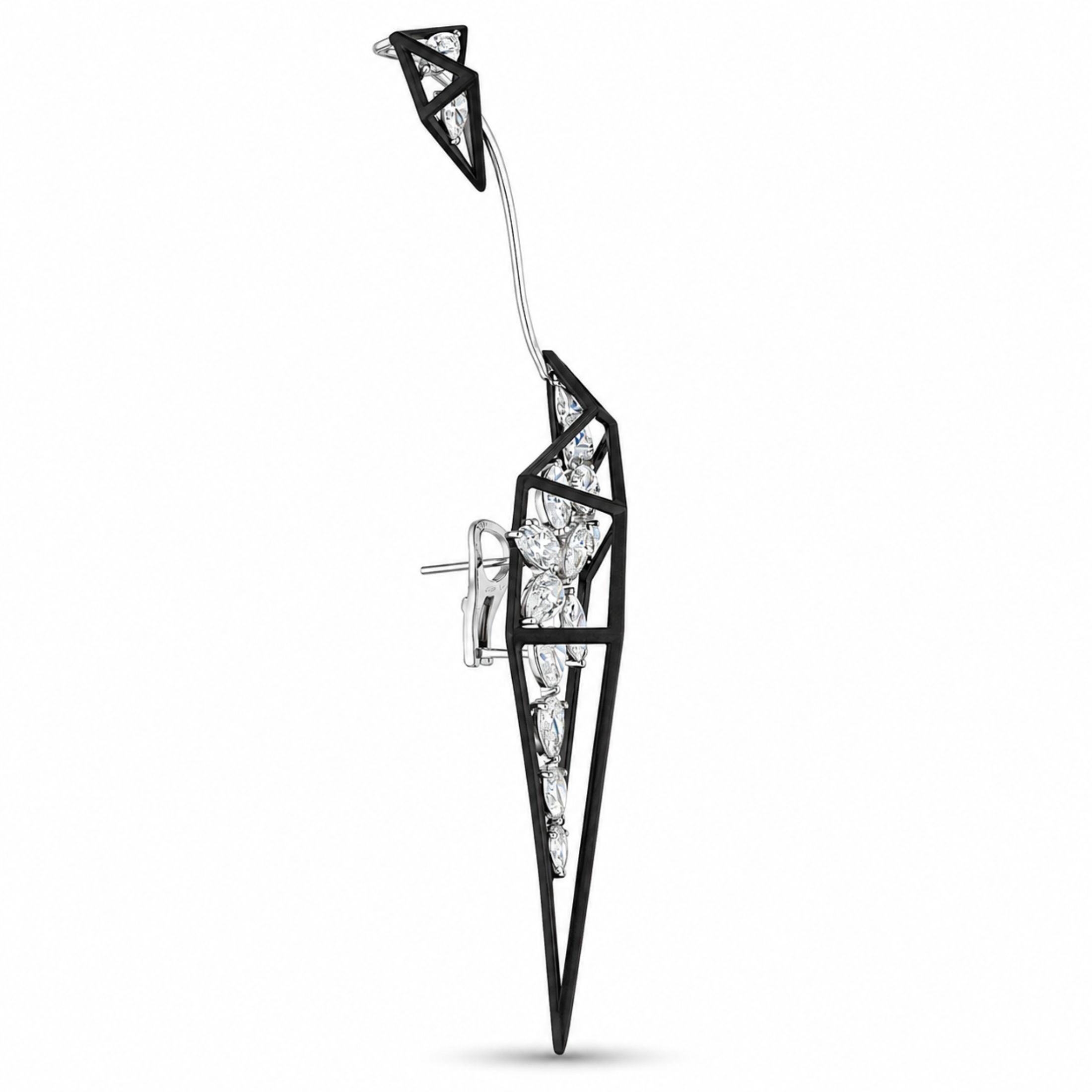 Leviev Webline Rouge black diamond earrings with marquise and pear cut stones in open geometric frame