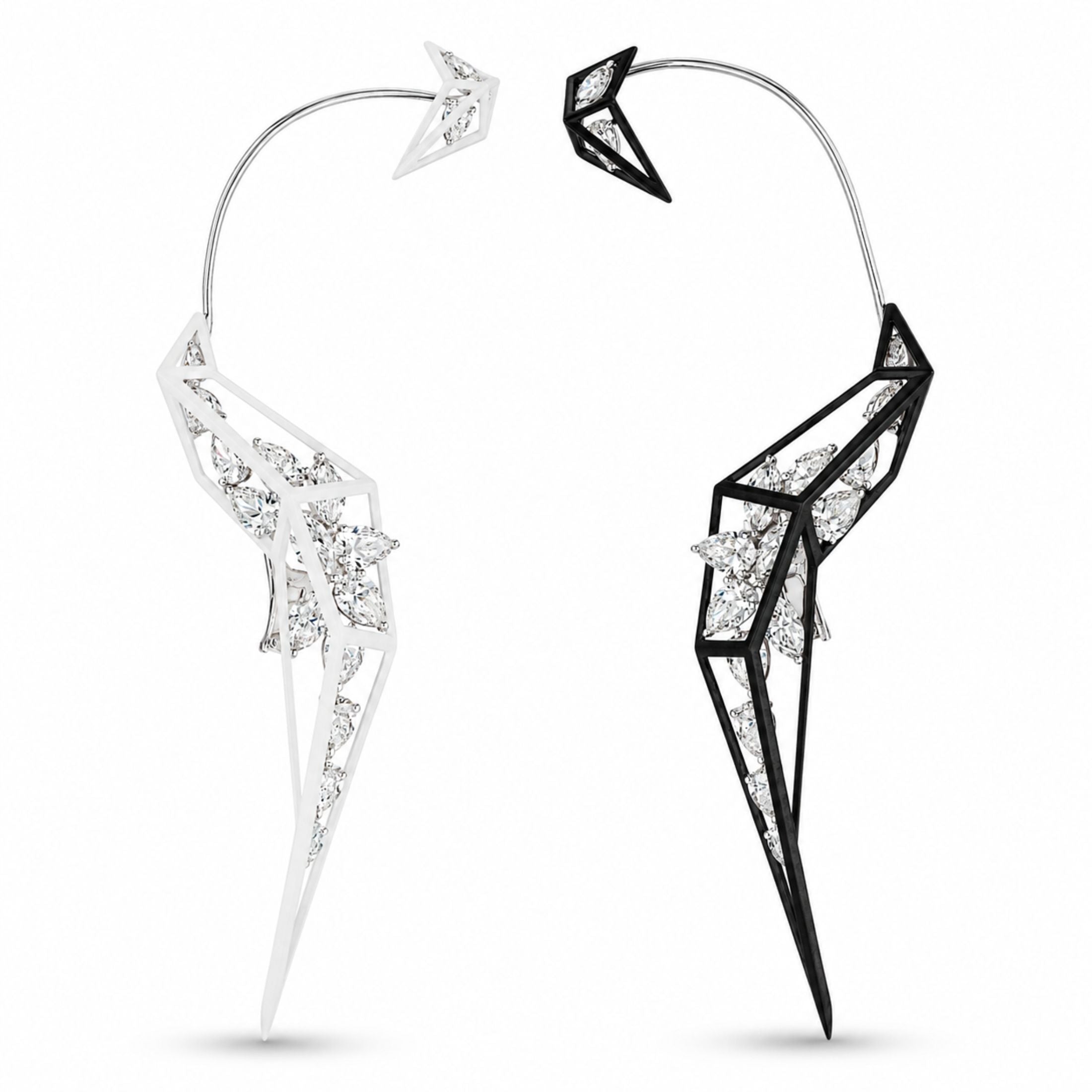 Pair of Leviev Webline Rouge diamond earrings showing black and white gold options with asymmetrical geometric frames