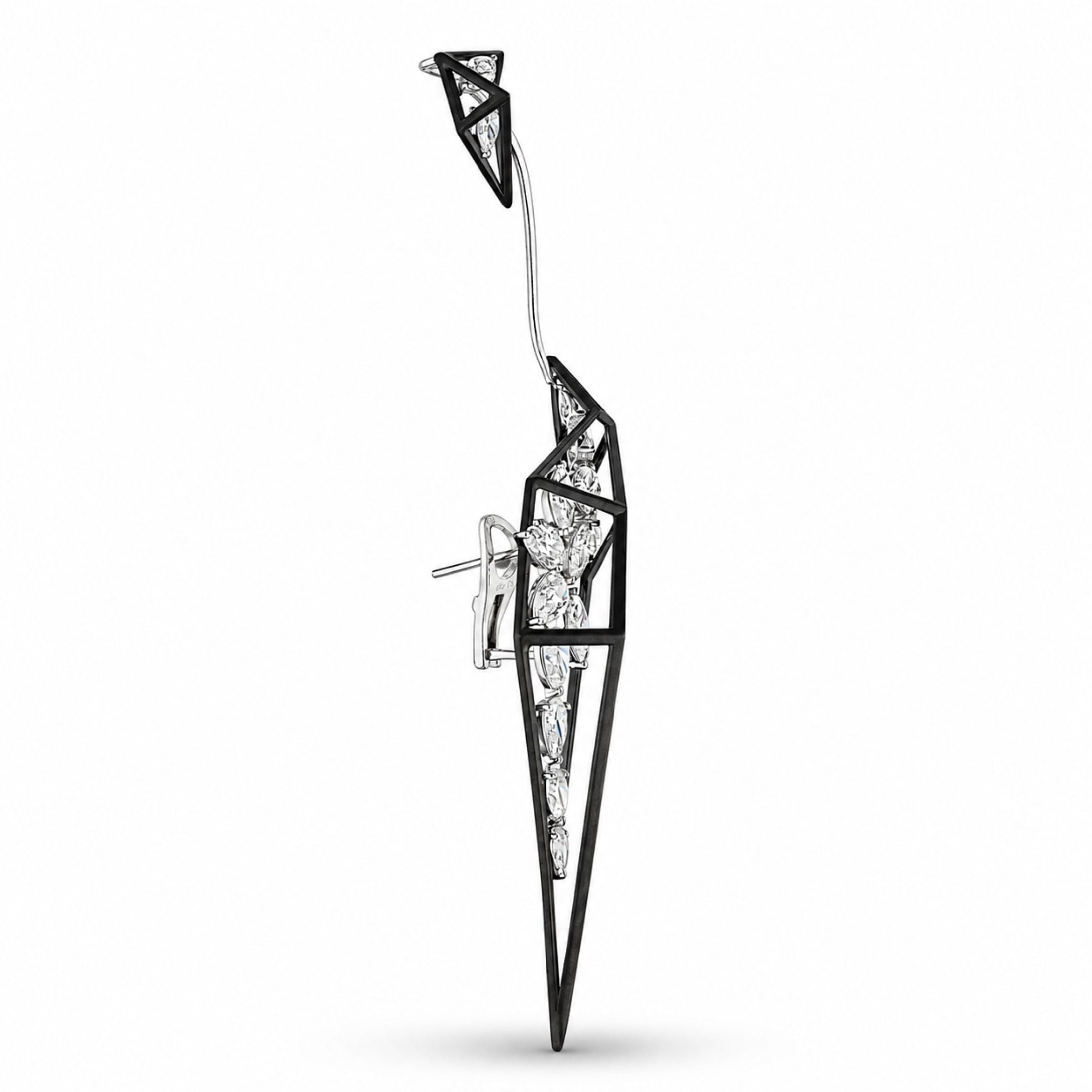 Side view of Webline Rouge 12.17ct diamond earring in 18K white gold with matte black geometric frame and floating marquise pear diamonds