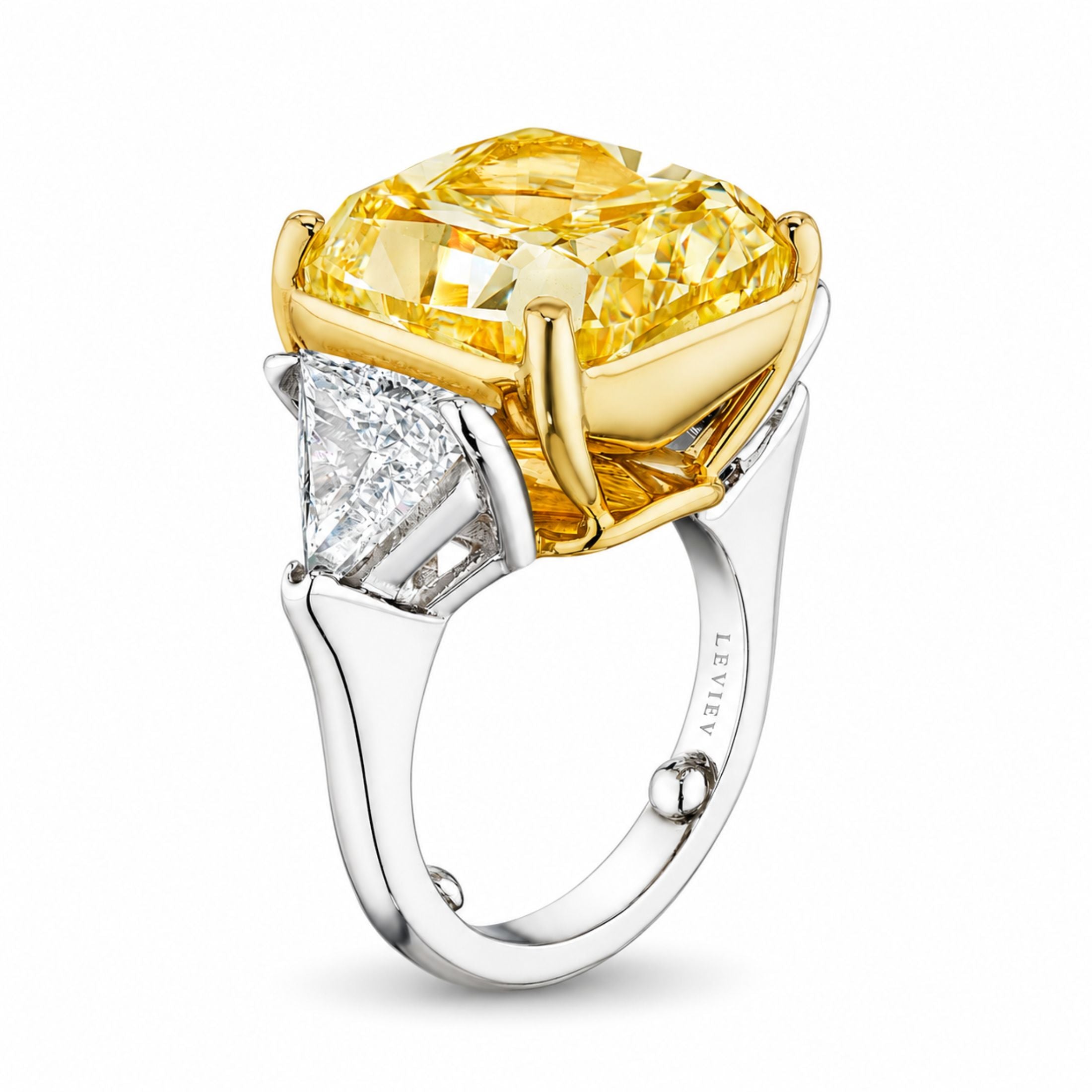 Westbridge 15.81 Carat Fancy Yellow Cushion Cut Diamond Ring with Trillion Cut Side Diamonds in Platinum & 18K Gold