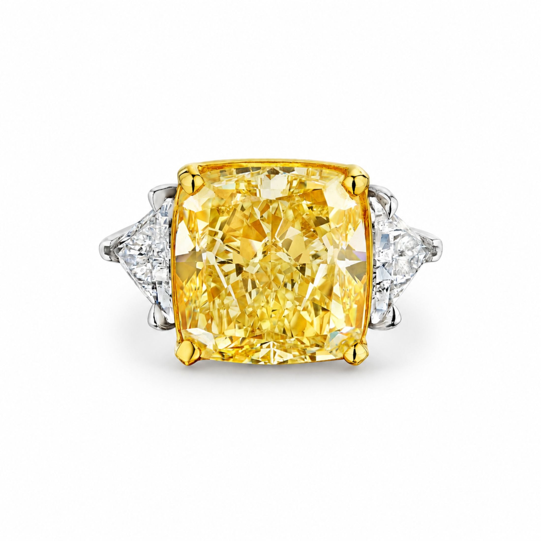 Westbridge 15.81 Carat Fancy Yellow Cushion Cut Diamond Ring with Trillion Cut Side Diamonds in Platinum & 18K Gold