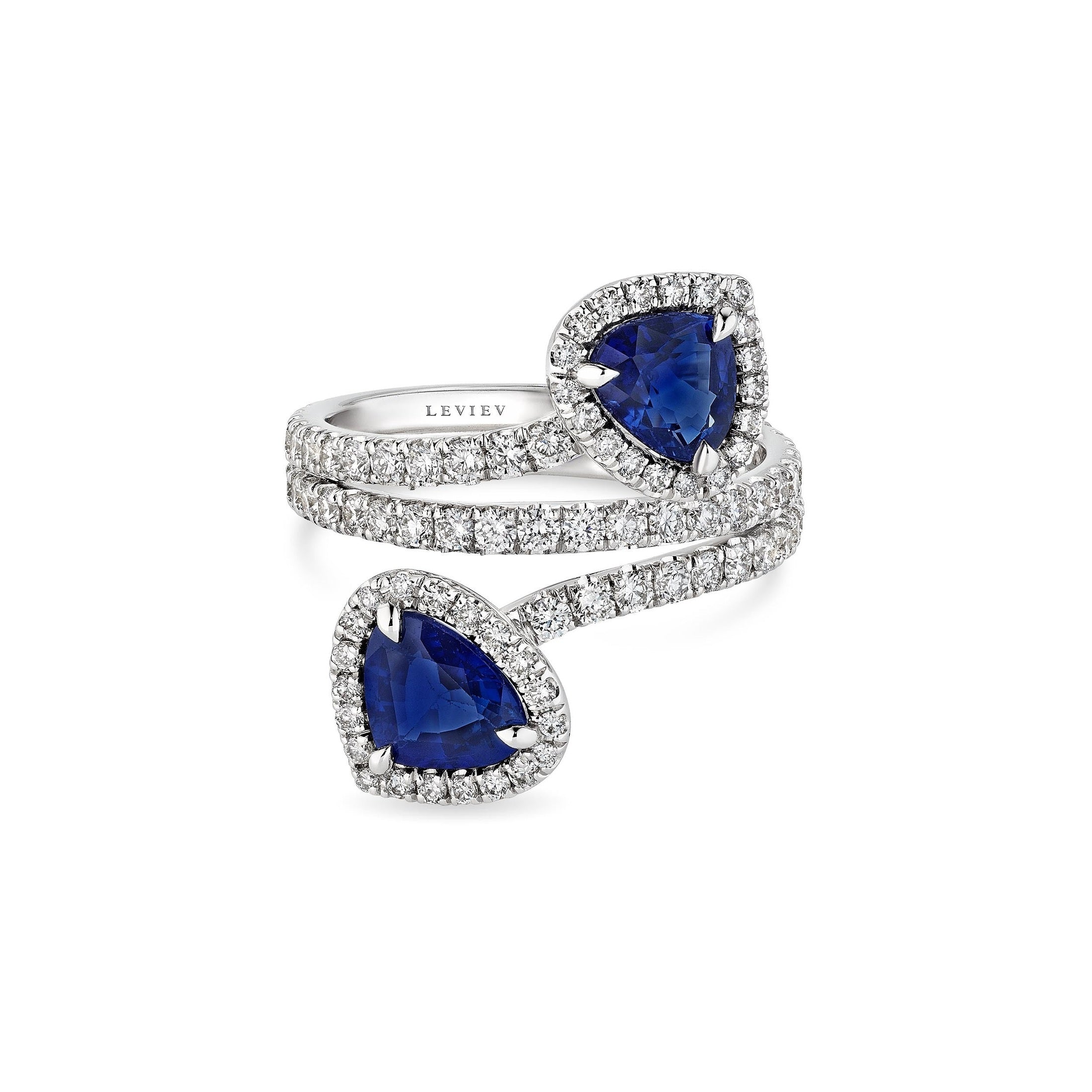 Leviev Whispering Stars bypass ring with pear blue sapphires and diamond pave in 18K white gold