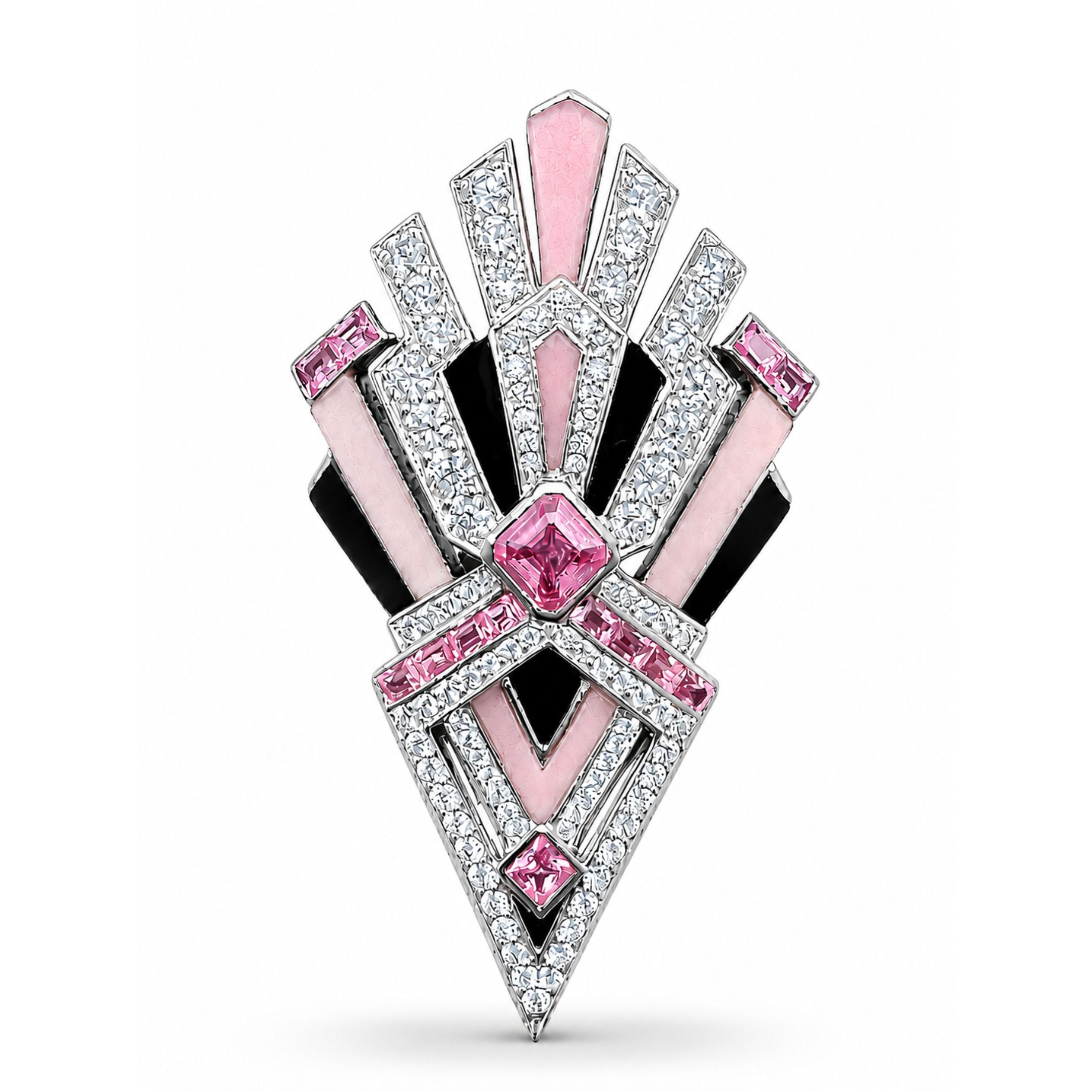 Whitney 5.24 Carat Pink Sapphire, Pink Opal, Onyx & Diamond Brooch in 18K White Gold